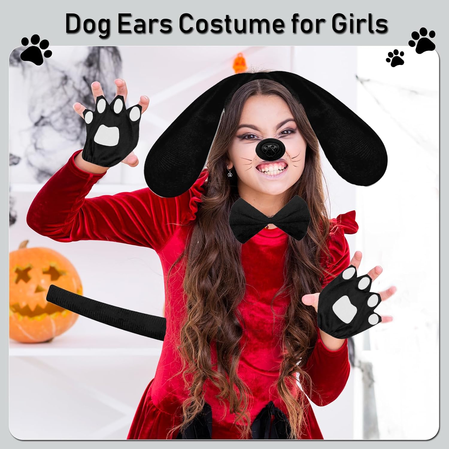 Dog Long Ears Headband - 5PCS Dog Ears Headband Bowtie Nose Tail Puppy Paw Gloves for Adult Women Halloween Costume Floppy Animal Cosplay Party Accessories Set (Black) - Image 2