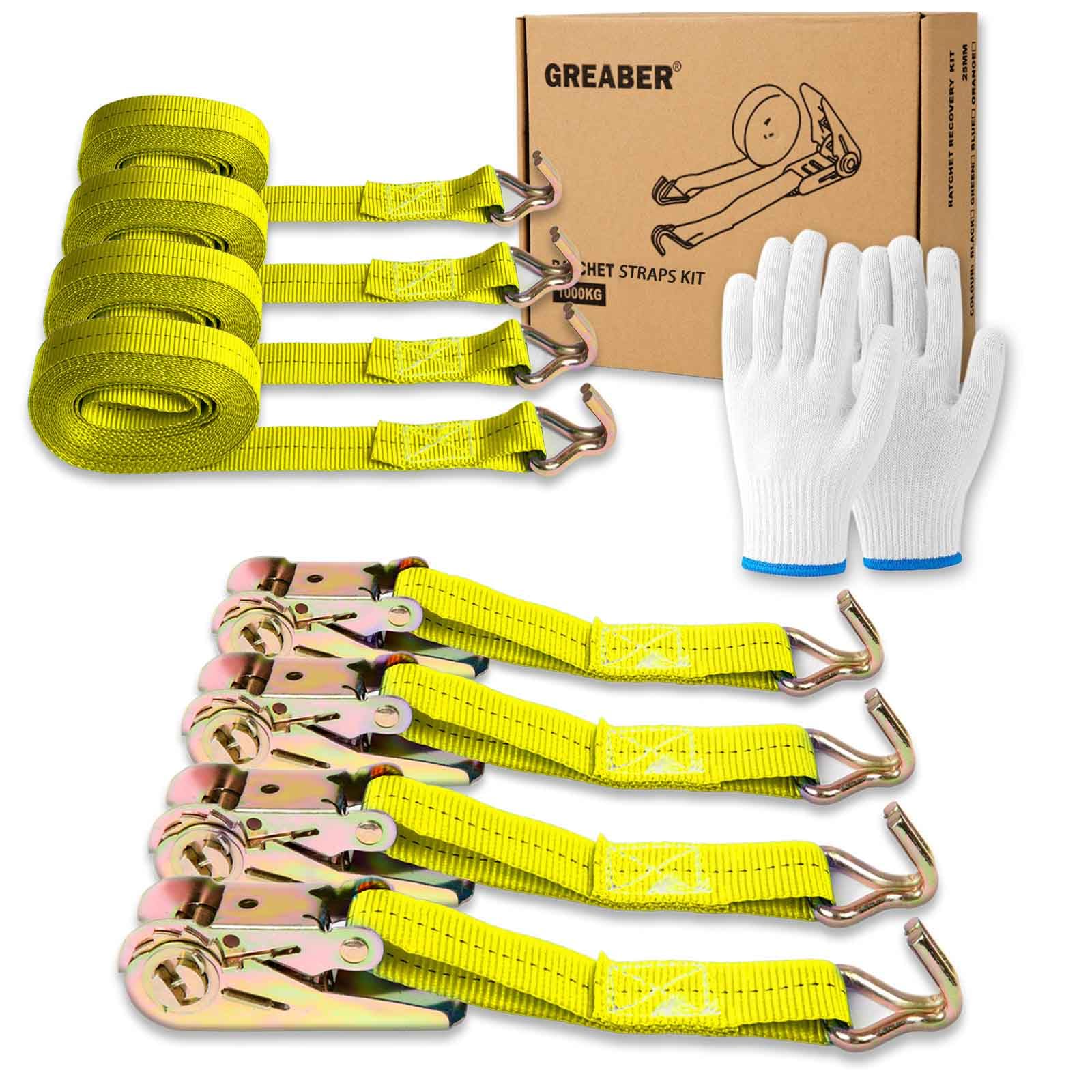 Ratchet Straps (4-Pack), 1000kg Break Strength, 5m x 2.5cm Heavy Duty Tie Down Strap Set with Metal Hooks for Trucks,Moving,Motorcycles,Trailer,Cargo, with 1x Work Gloves (Yellow)
