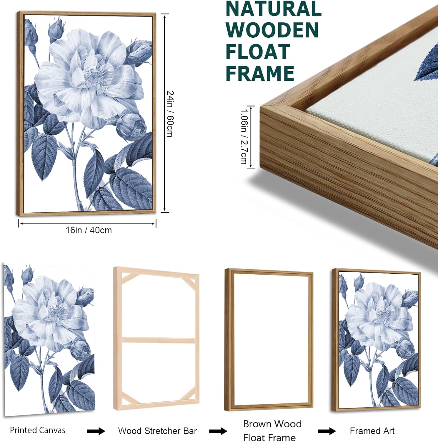 Large Framed Canvas Wall Art - Natural Float Framed Blue Gray Flowers Pictures Decor Rustic Blossom Leaves Botanical Artwork for Living Room Bedroom Kitchen Home Office Decoration 48" X 24" Set of 3