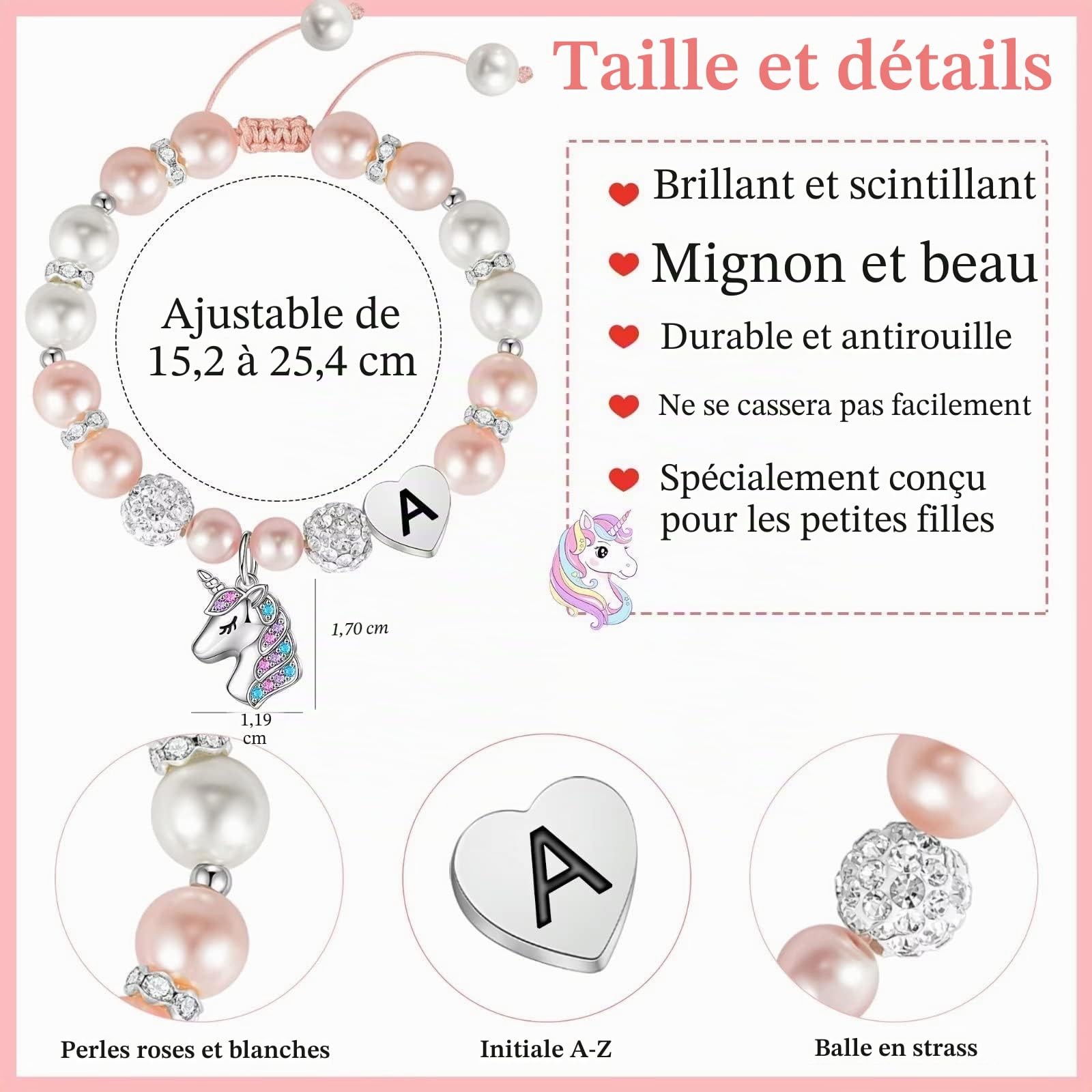 TINGN Bracelet Licorne Cadeaux pour Filles – Perles Roses et Boules de Strass Bracelet Licorne Coeur avec Lettres Arc-en-Ciel CZ