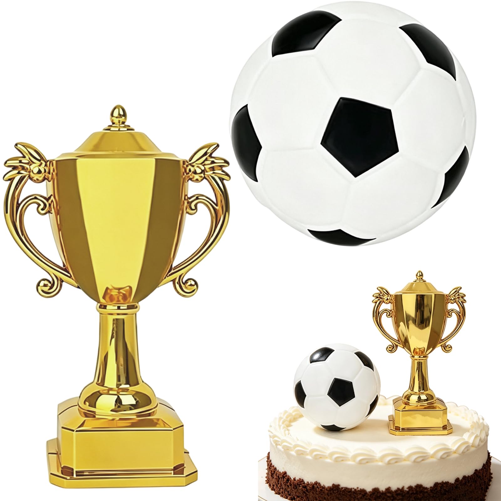 2 PCS Football Cake Topper, Football Cake Decorations for Boys Birthday Parties, Sports Theme Celebration Supplies, Two Piece Set with Soccer Ball and Trophy