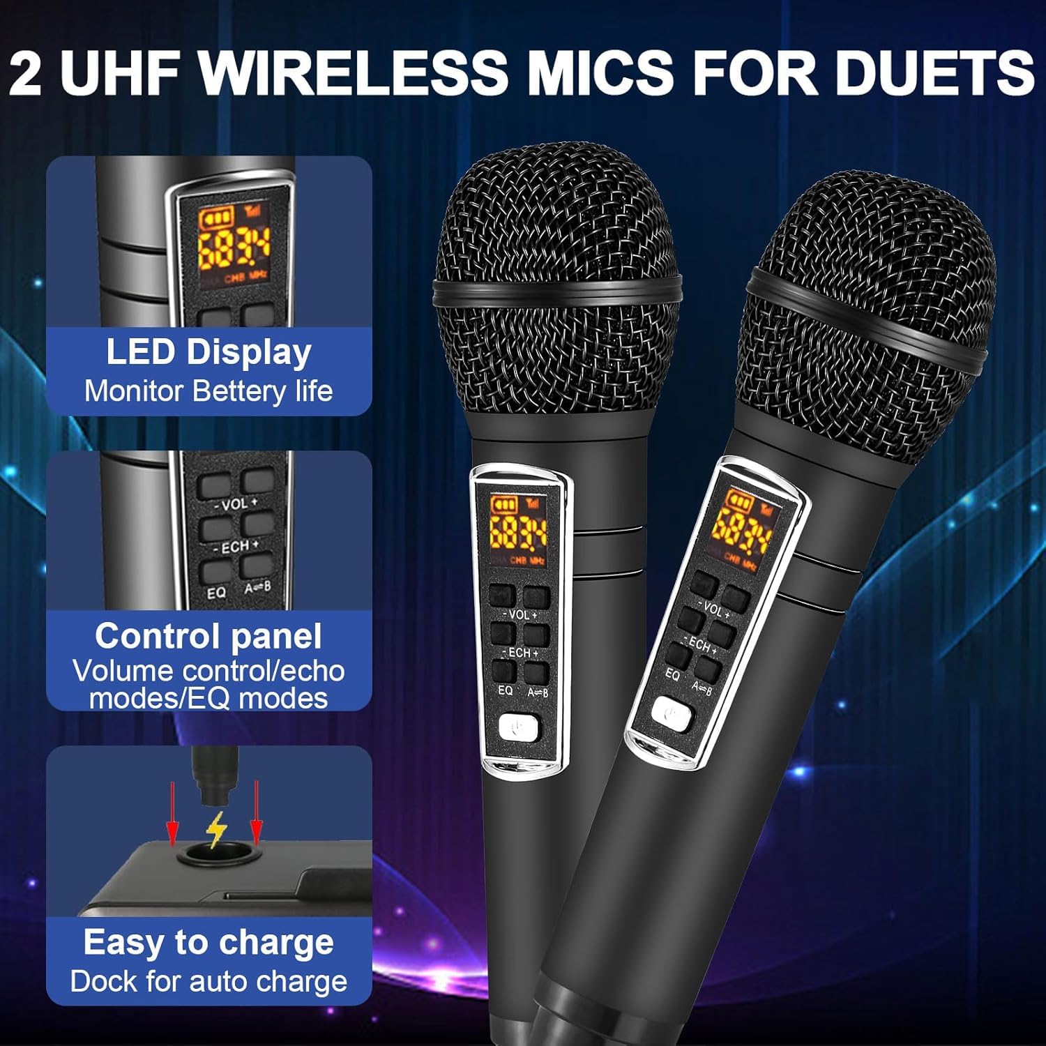 ALPOWL Karaoke Professionale Completo per Bambini e Adulti con 2 Microfono Wireless UHF, Cassa Bluetooth Potente con LED Striscia Cambianti Colore per Festa di