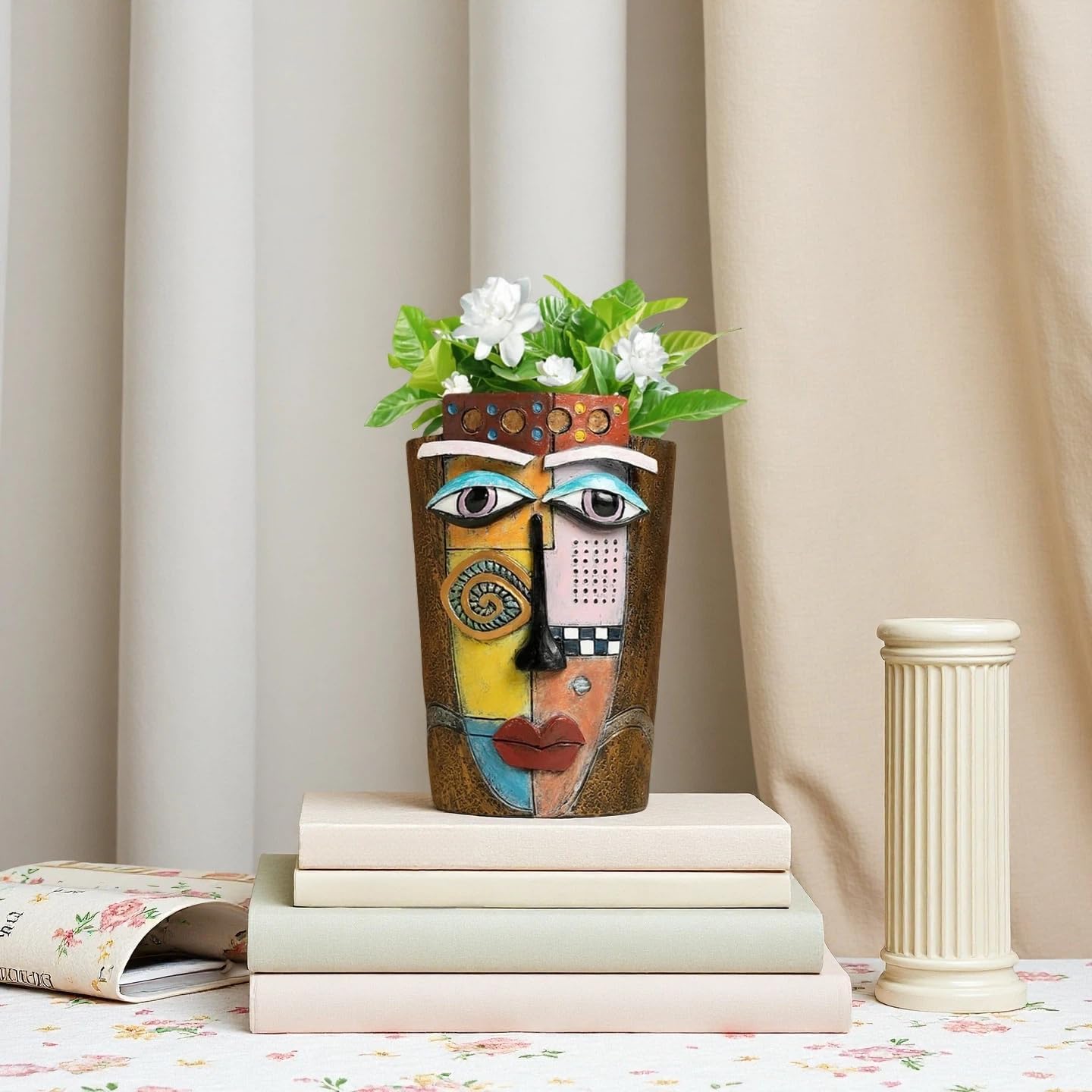 Picasso Abstract Face Flower Pot,Plant Pot with Facial Expressions,Handmade Resin Plant Pot with Drainage Holes,for Indoor and Outdoor Botanical Home décor (Brown Small)