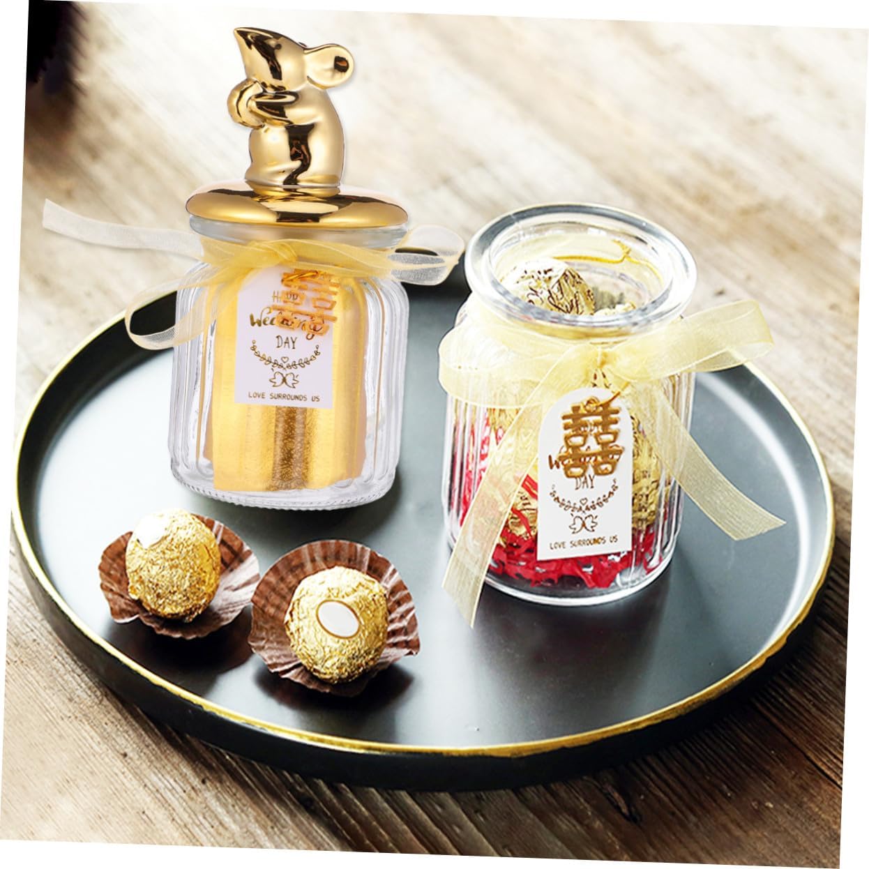 Glass Candy Jar with Ceramic Animal Lid, Gold-trimmed Sealed Candy Canister for Wedding and Holiday Party Favors, Decorative Display Bottle for Event