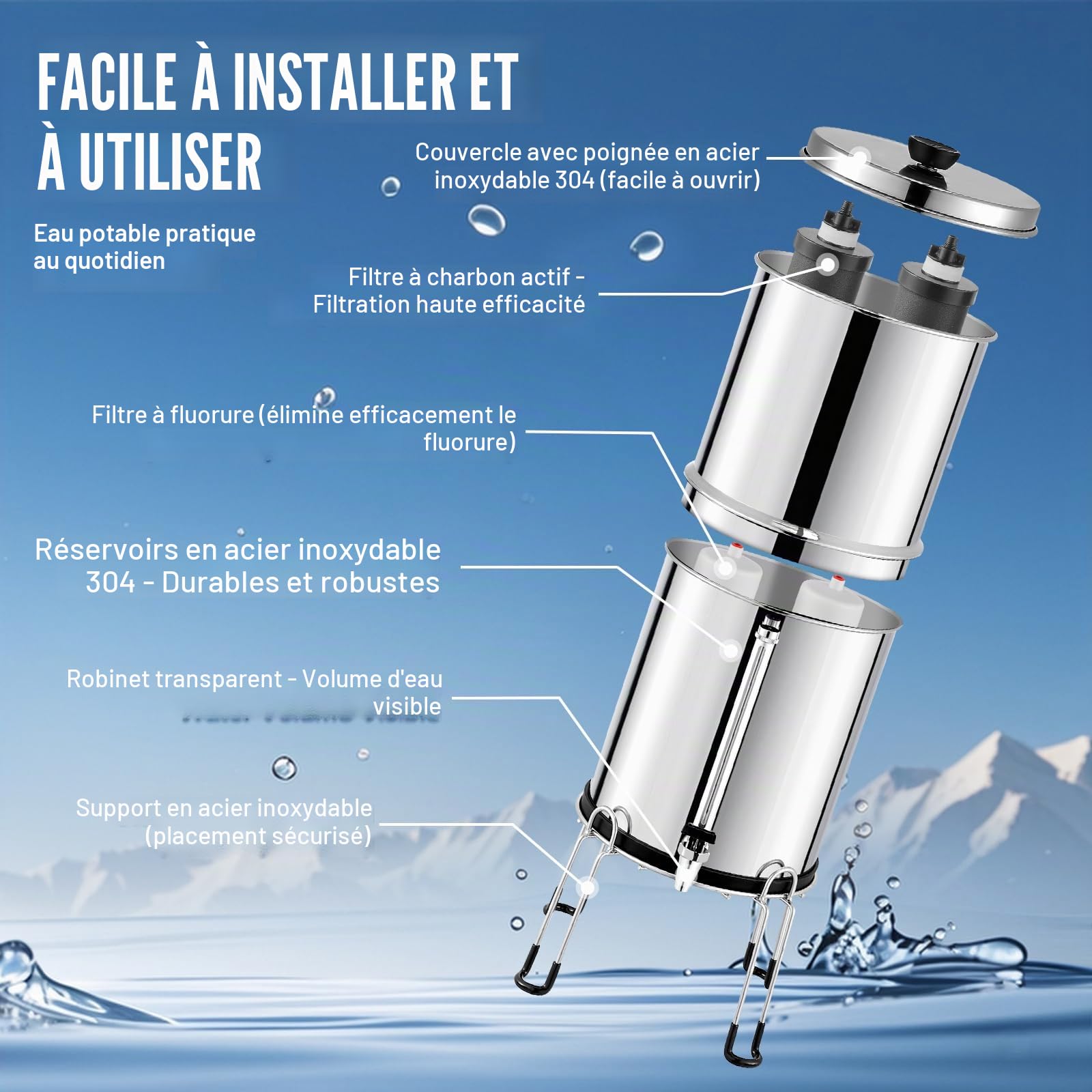 VEVOR Système de Filtration d'Eau par Gravité 7,5 L, Filtre à Eau par Gravité Réduction du Plomb et jusqu'à 99% du Chlore, Inox 304, avec 2 Filtres à Charbon Actif, 2 Filtres de Défluoration, Robinet