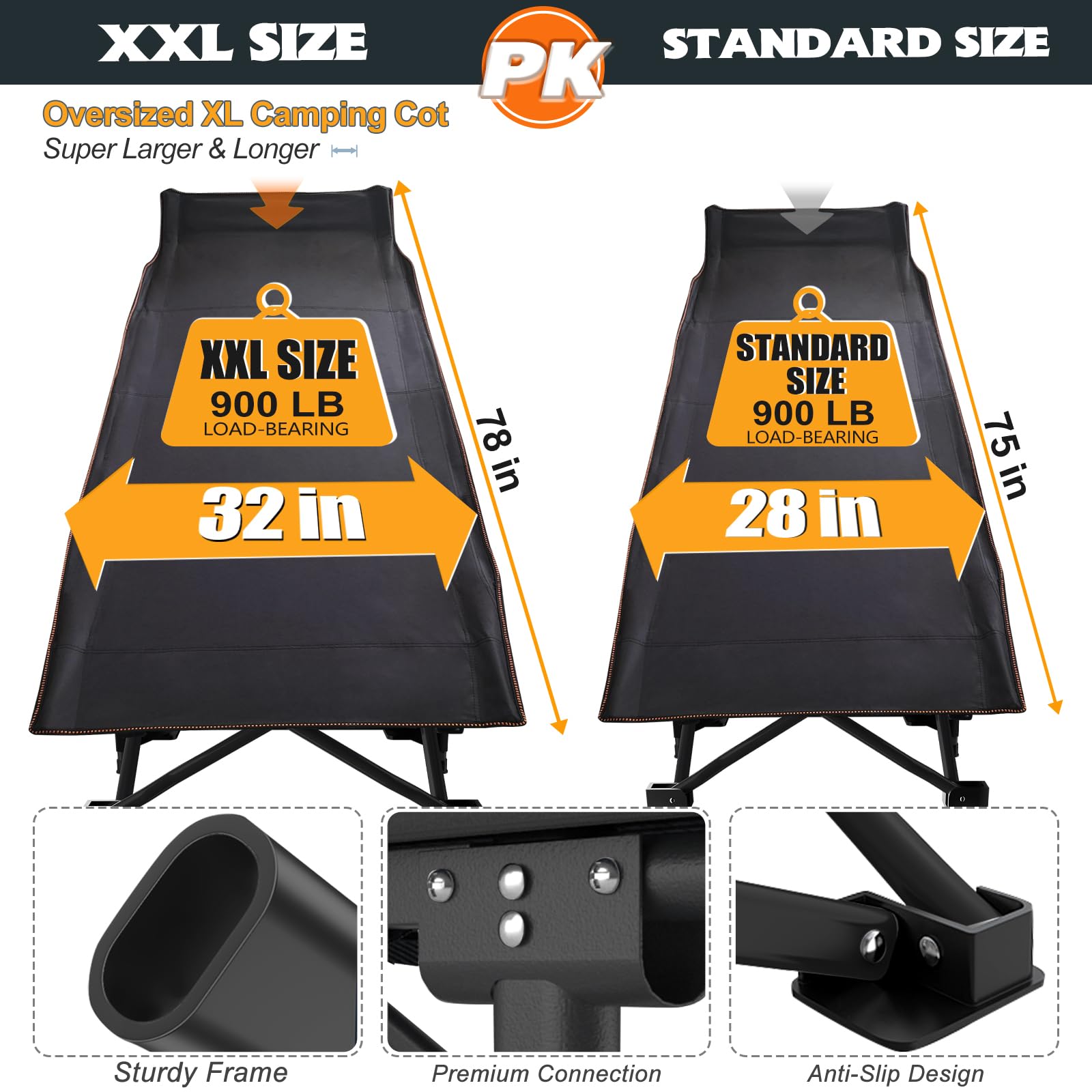 MOPHOTO - Cama Plegable Extragrande para Acampar con colchoneta para Adultos (198 cm de Largo x 81,5 cm de Ancho x 46 cm de Alto), Resistente, con Bolsa de Transporte, Tela Oxford de 1200 D (Negro)
