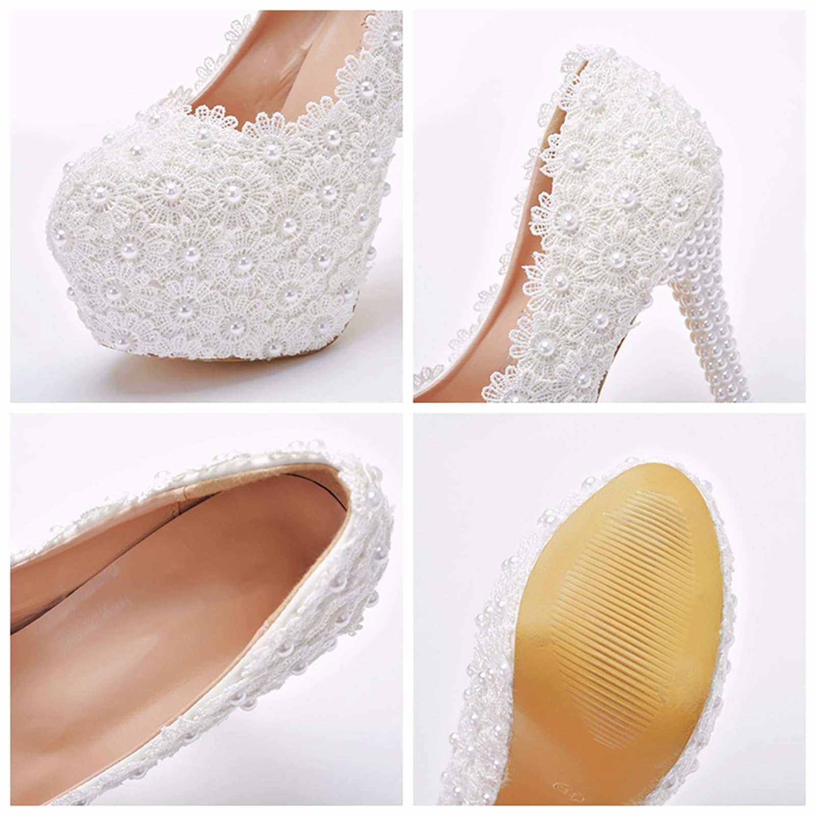 Zapatos de Boda de Encaje Blanco para Novia, Tacones Finos, Punta Redonda, Plataforma, Zapatos de Boda de Encaje Blanco, Zapatos de tacón Alto,Blanca,37