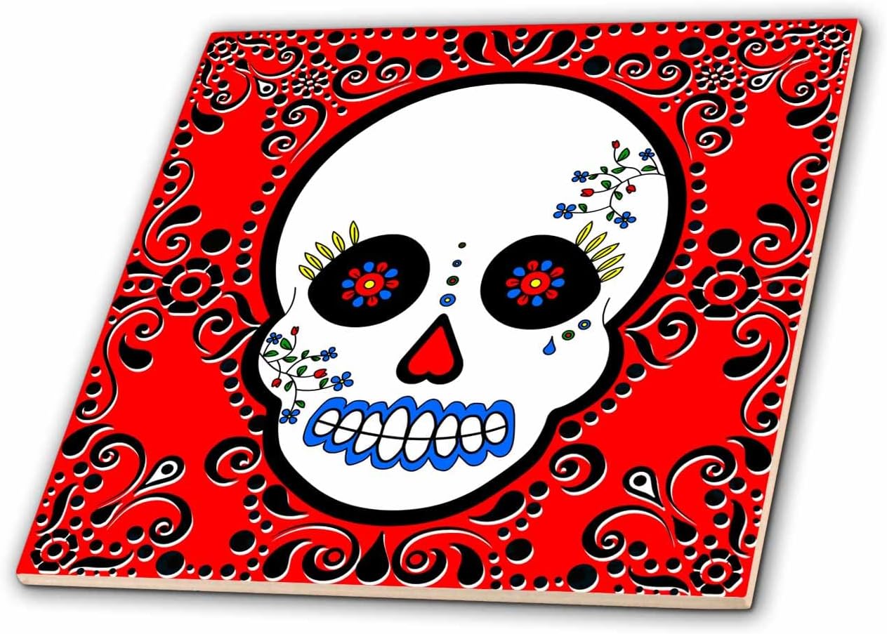 3dRose ct_28866_1 Day of The Dead Skull Dia De Los Muertos Sugar Skull Red Black Scroll Design-Ceramic Tile, 4-Inch