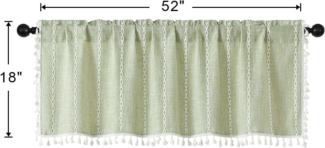 MitoVilla Boho Farmhouse Kitchen Valances for Windows, Sage Green French Country Valance Curtains for Living Room/Bedroom, Modern Rustic Linen Tassel Topper Window Curtain, 52’’W x 18’’L