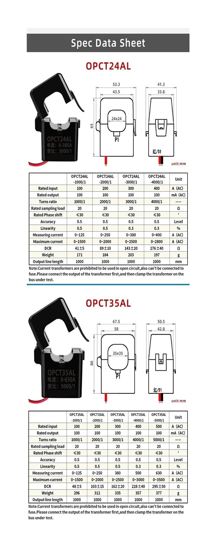 Transformador de corriente de núcleo dividido OPCT24AL 2000/1 3000/1