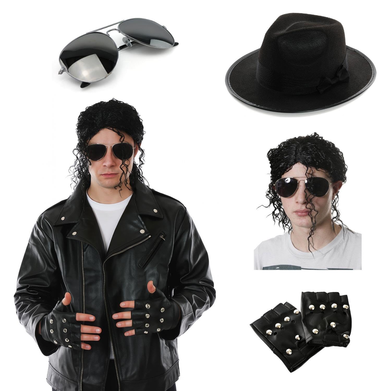 King of Pop Leather Look Jacket Costume with Glasses, Wig, Hat & Studded Gloves – 80s Icon Fancy Dress for Adults – Halloween Outfit, Cosplay, Bad Tribute Act Costume - XL