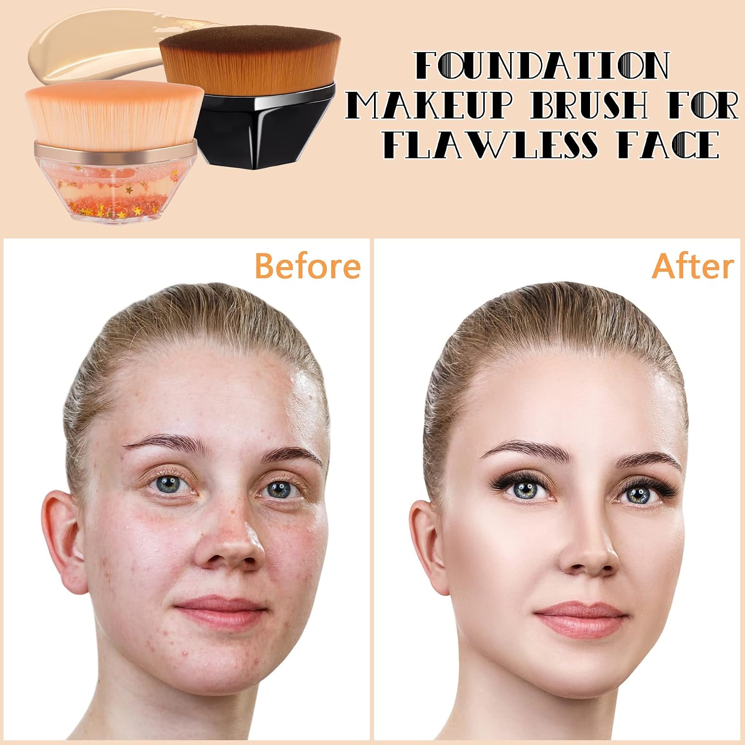2 Pack Foundation Brush Flat Top Flawless Kabuki Foundation Brush Face Makeup Brush with 2 Pack Makeup Sponges for Blending Liquid, Cream, Cosmetics with Storage Box (Pink Gold and Black)