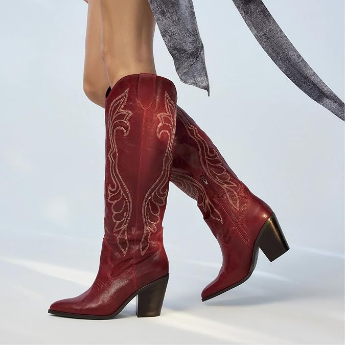 Celbreez Womens Cowboy Boots Brown Embroidered Knee High Cowgirl Boots | 2.95 Inches Chunky Heel, side zipper, Wide Calf, Pointed Toe, Tall - 3 Colors, Western Boots, Festivals and Country Outfits