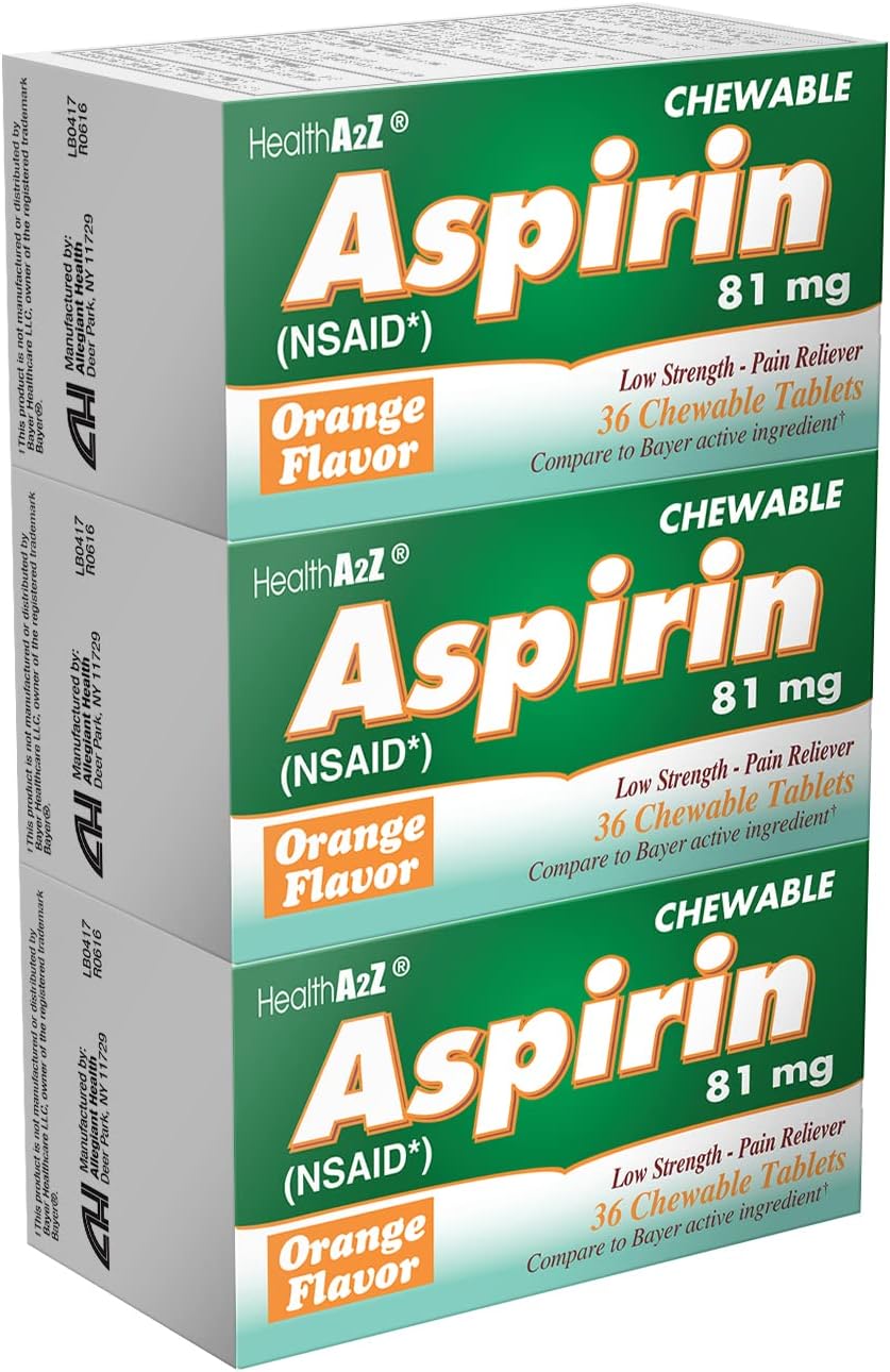HealthA2Z® Aspirin 81mg | Low Strength Chewable Tablets | Pain Relief & Fever Reducer | Orange Flavor | Reduces Minor Aches, Headache & Muscle Pain | 36 Count (Pack of 3)