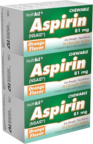 HealthA2Z Aspirin 81mg  Tabletas masticables de baja resistencia  Alivio del dolor y reductor de fiebre  Sabor naranja  Reduce dolores menores,