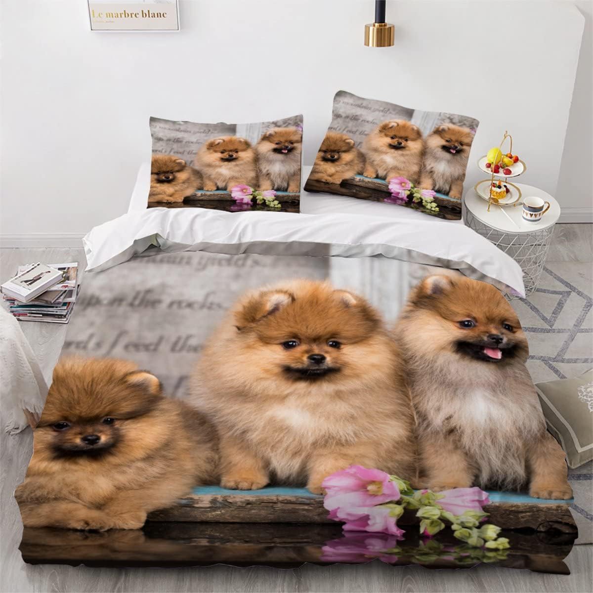 MEVASA Pomeranian Bedding Set Microfiber Teen Bedding Fluffy Puppy 3D Set for Small Double 3Pcs Anti Allergic Double Duvet Cover Set with Zipper /200x200