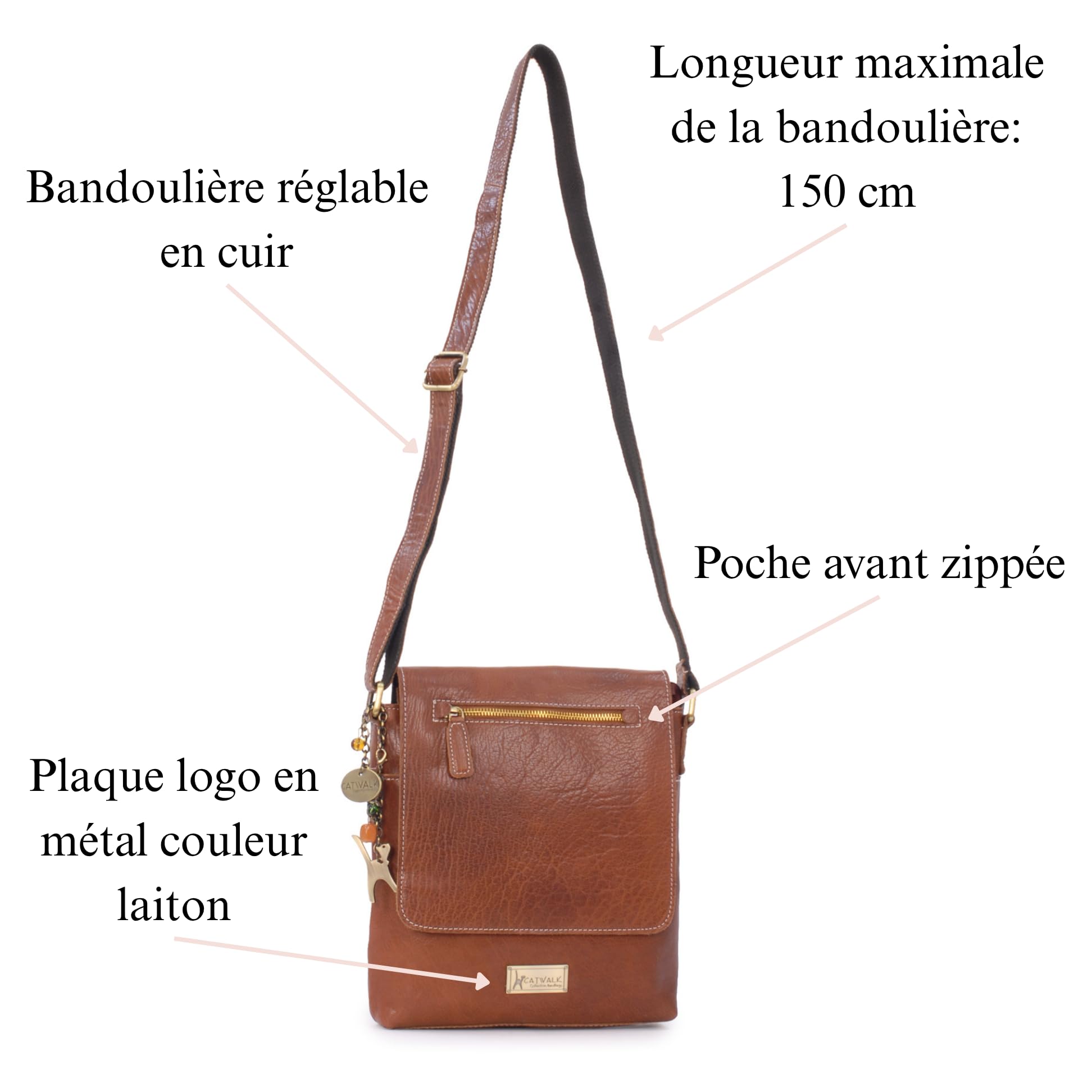 Catwalk Collection Handbags - Sac Bandoulière Femme en Cuir - Messenger Bag Moyen - Sac à Main Avec Bandoulière Réglable - Anja
