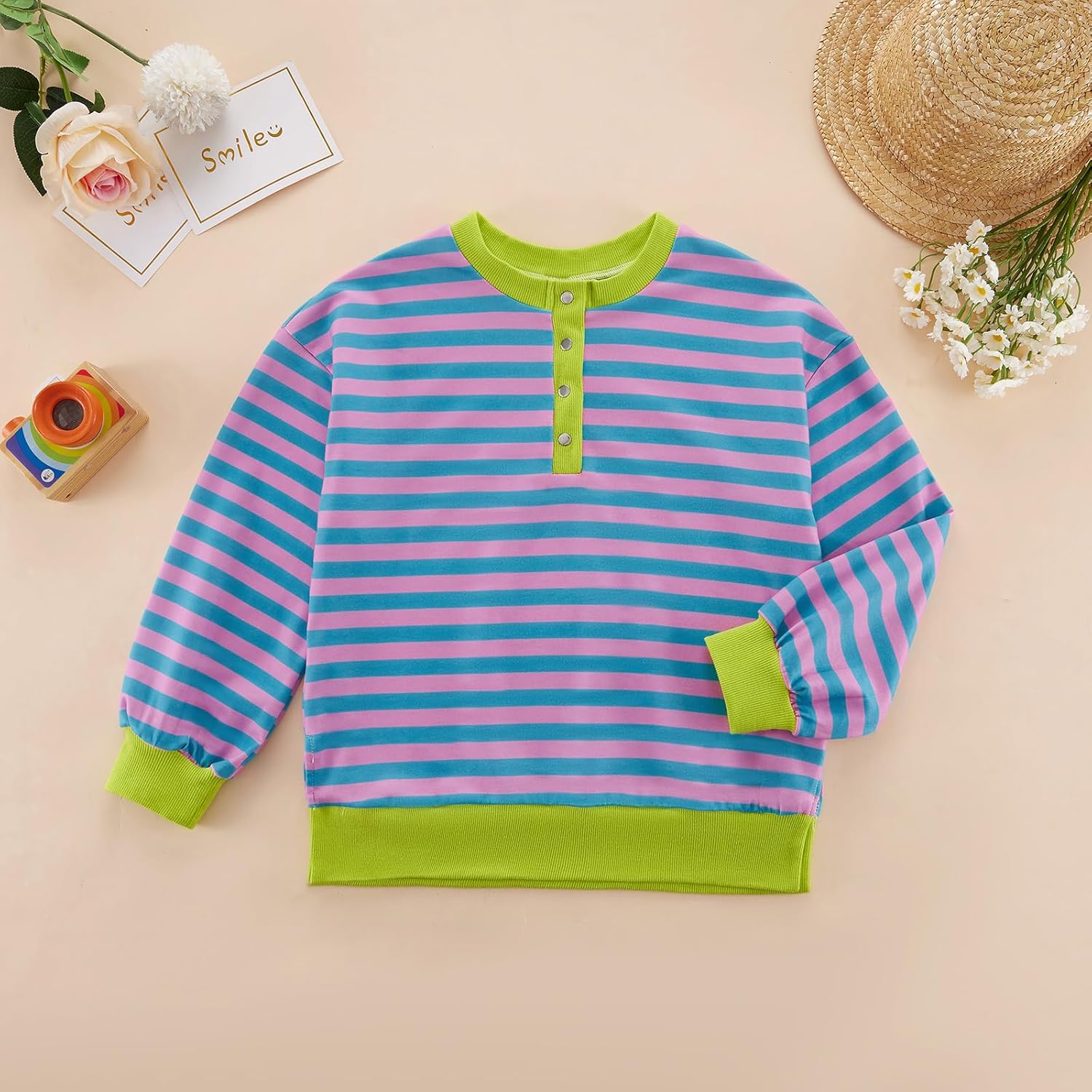 Girls Oversized Sweatshirt Kids Striped Color Block Shirt Long Sleeve Pullover Tops Fall Clothes 5-14 Years - Image 5