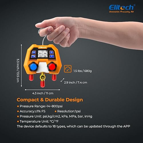 Miniatura 7 de Elitech Medidor de colector digital para sistemas HVAC, refrigeración y CA - Soporta refrigerantes R410AR454BR134, etc. Refrigerantes, medición de