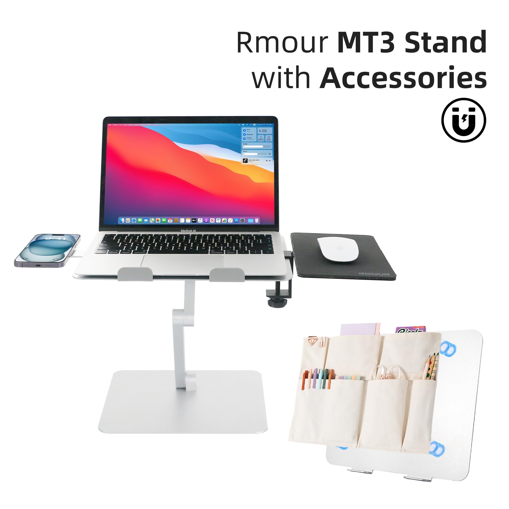 Rmour MT3 - Convertitore da scrivania regolabile e robusto per computer portatile e supporto da lavoro, supporto ergonomico pieghevole per casa (argento)
