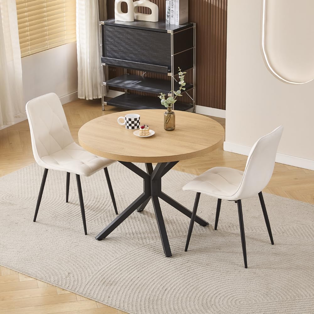 Menaka Round Dining Table and Chairs Set of 4 for Kitchen Diner, 5 Pieces Oak Wood Table with 4 Chairs for Compact Dinette Restaurant (2 argyle grid white velvet chairs, 95cm Oak Table#2) — image 1