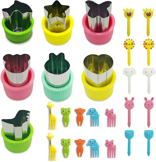 27 Pieces Stainless Steel Vegetable and Fruit Biscuit Moulds for Kids (Dolphin, Dinosaur, Rabbit, Bear, Love, Star, Butterfly) with Animal Fruit Fork, Comfortable Handle, Removable Biscuit Mold