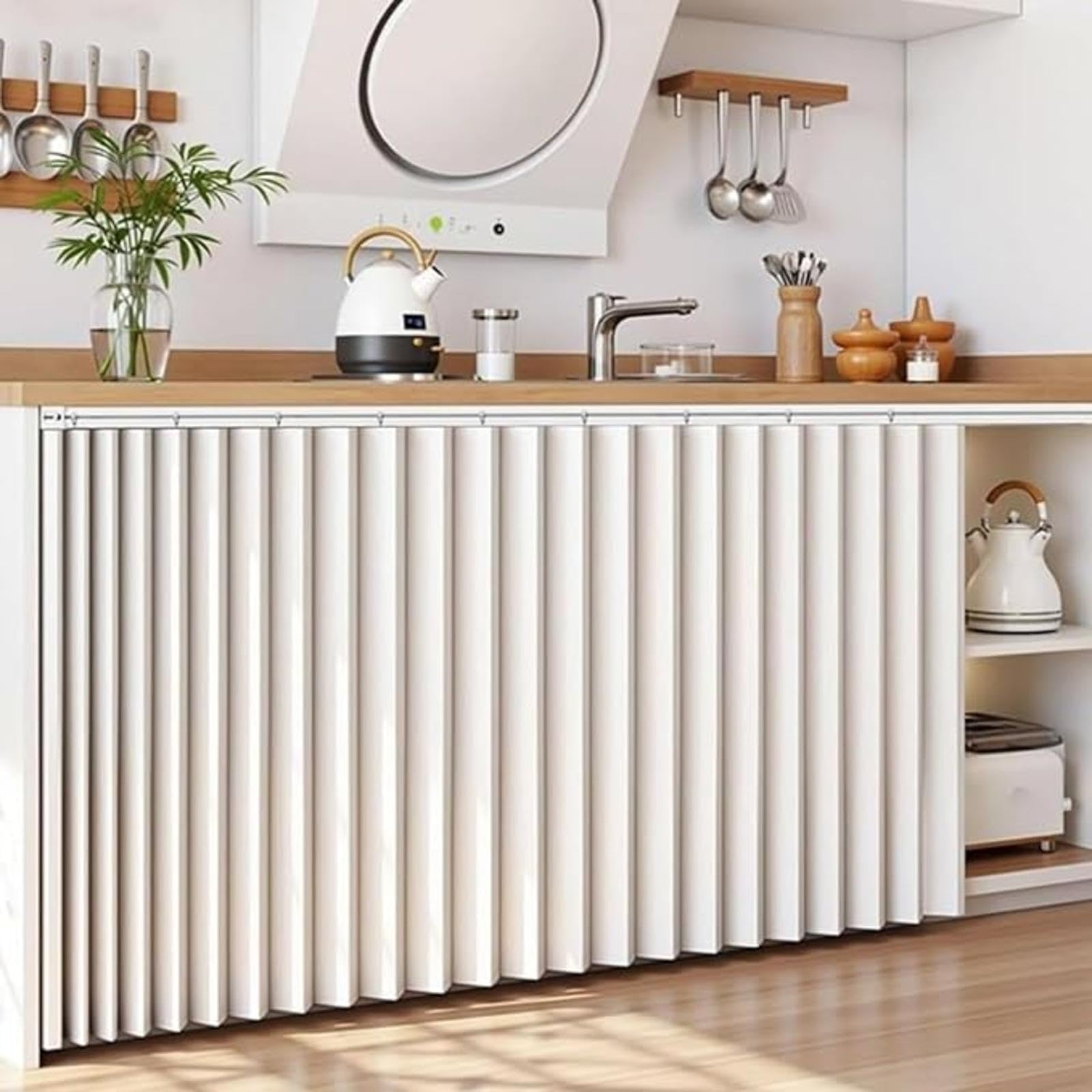 YZBZNG Cupboard Curtain Short Kitchen Curtain Dustproof Waterproof Blackout Privacy Panel Accordion Folding Design With Sliding Rail for Bathroom Pantry Wardrobe Shelves,Beige-W110cm/H120cm