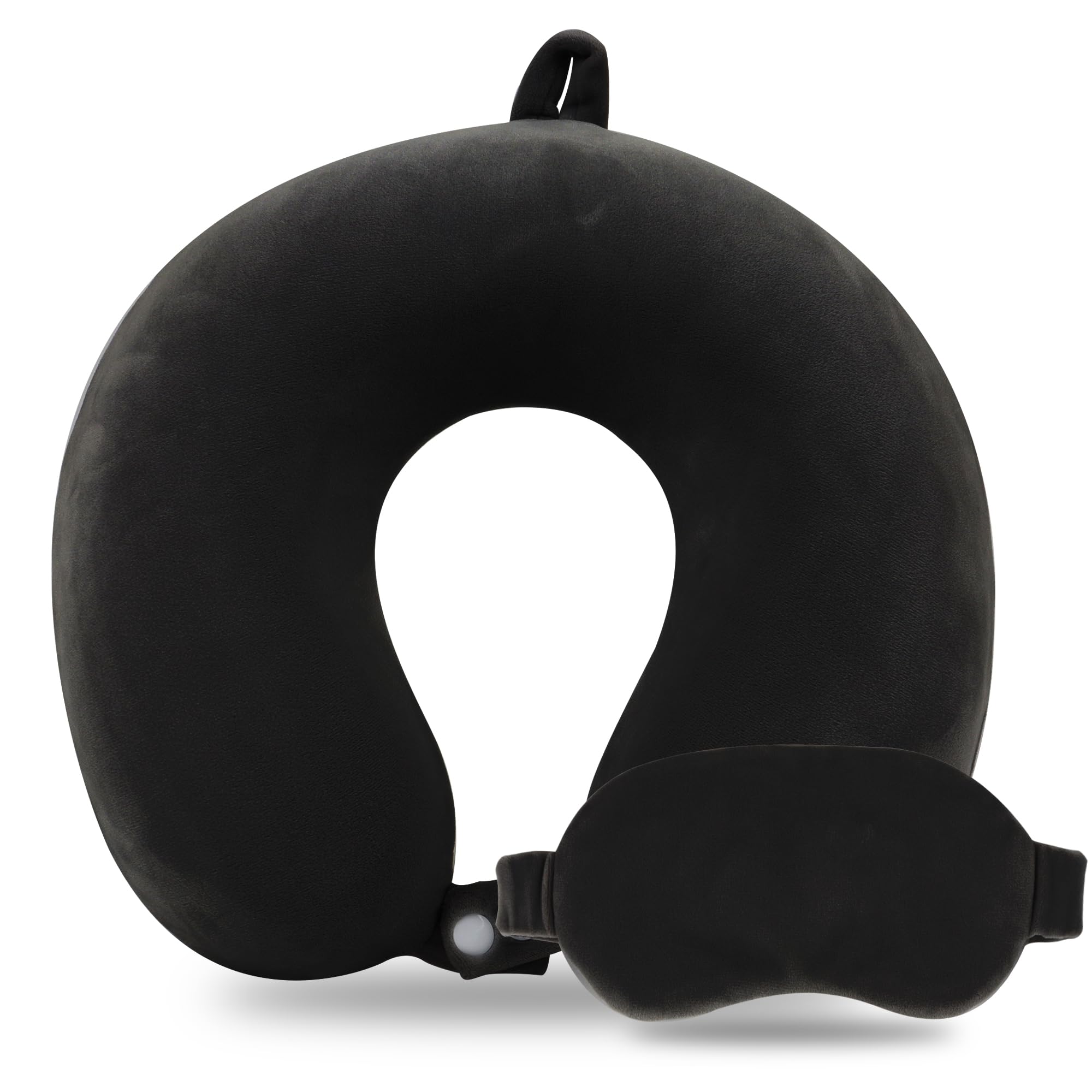 Sexysamba Pure Memory Foam Travel Pillow Set for Adults - Comfortable & Removable Machine Washable Cover, Neck Support Pillow Airplane Travel Kit with Eye Mask for Portable Plane Accessories - Black