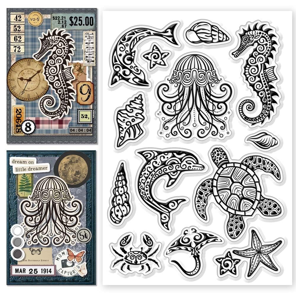 CHGCRAFT Mandala Marine Life Seahorse Turtle Dolphin Jellyfish Clear Silicone Stamps, for DIY Scrapbooking Card Making Photo Decor 4.3x6.3 Inch