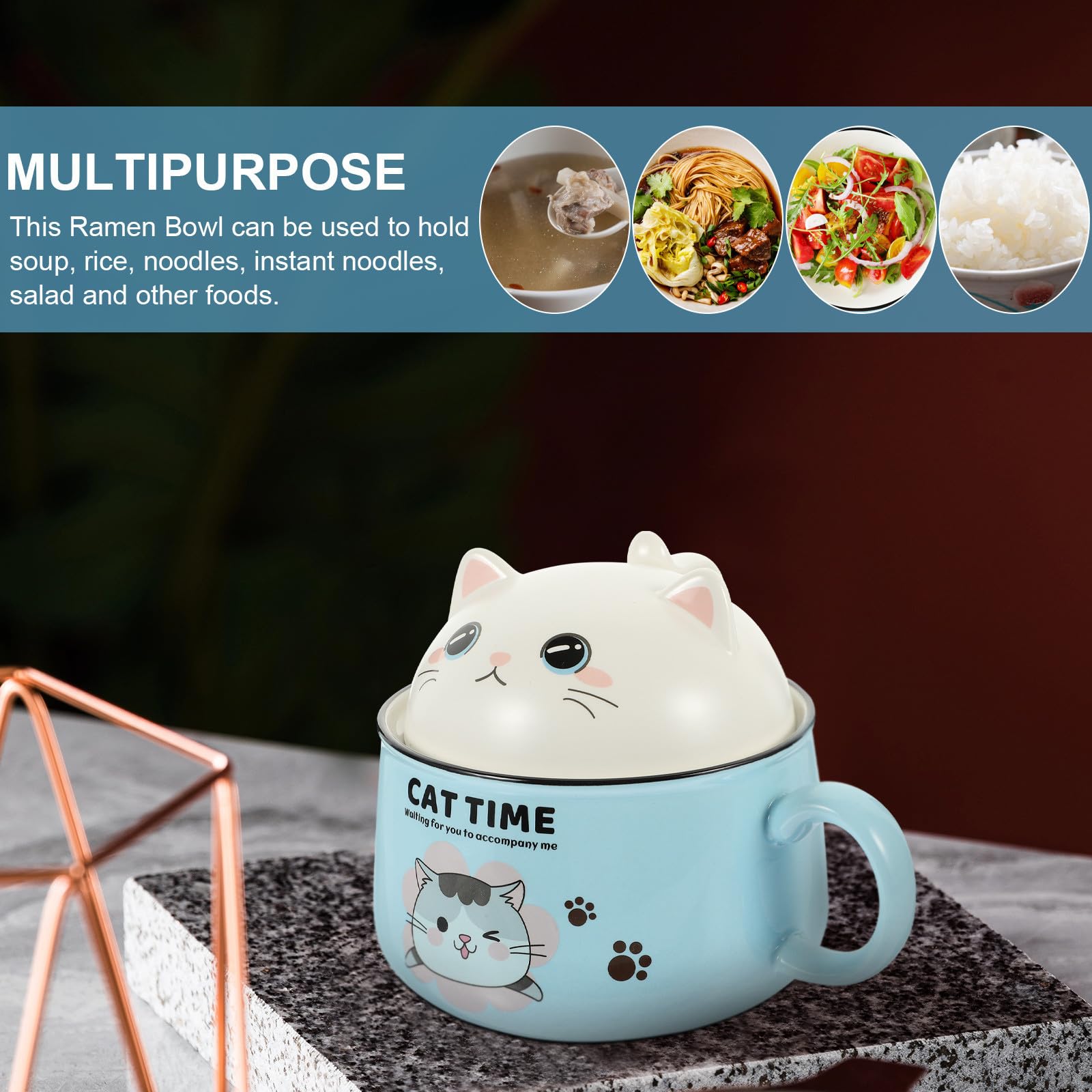 jojofuny Ramen Schüssel mit Cartoon Katzenmotiv 1020ml Keramik und Edelstahl mit Deckel und Essstäbchen für Instant Nudeln und Suppen