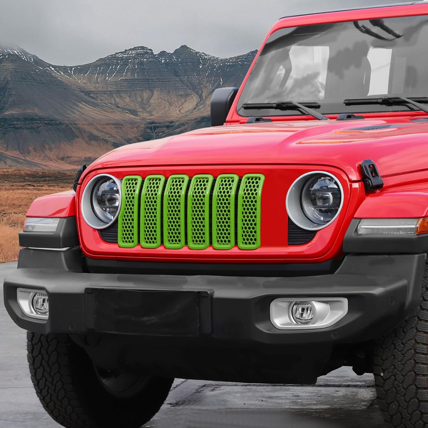 Front Grill Insert Mesh Grille Inserts Cover Kit 7Pcs Compatible with 2024-2025+ Jeep Wrangler JL JLU & Gladiator JT Exterior Accessories (Green)