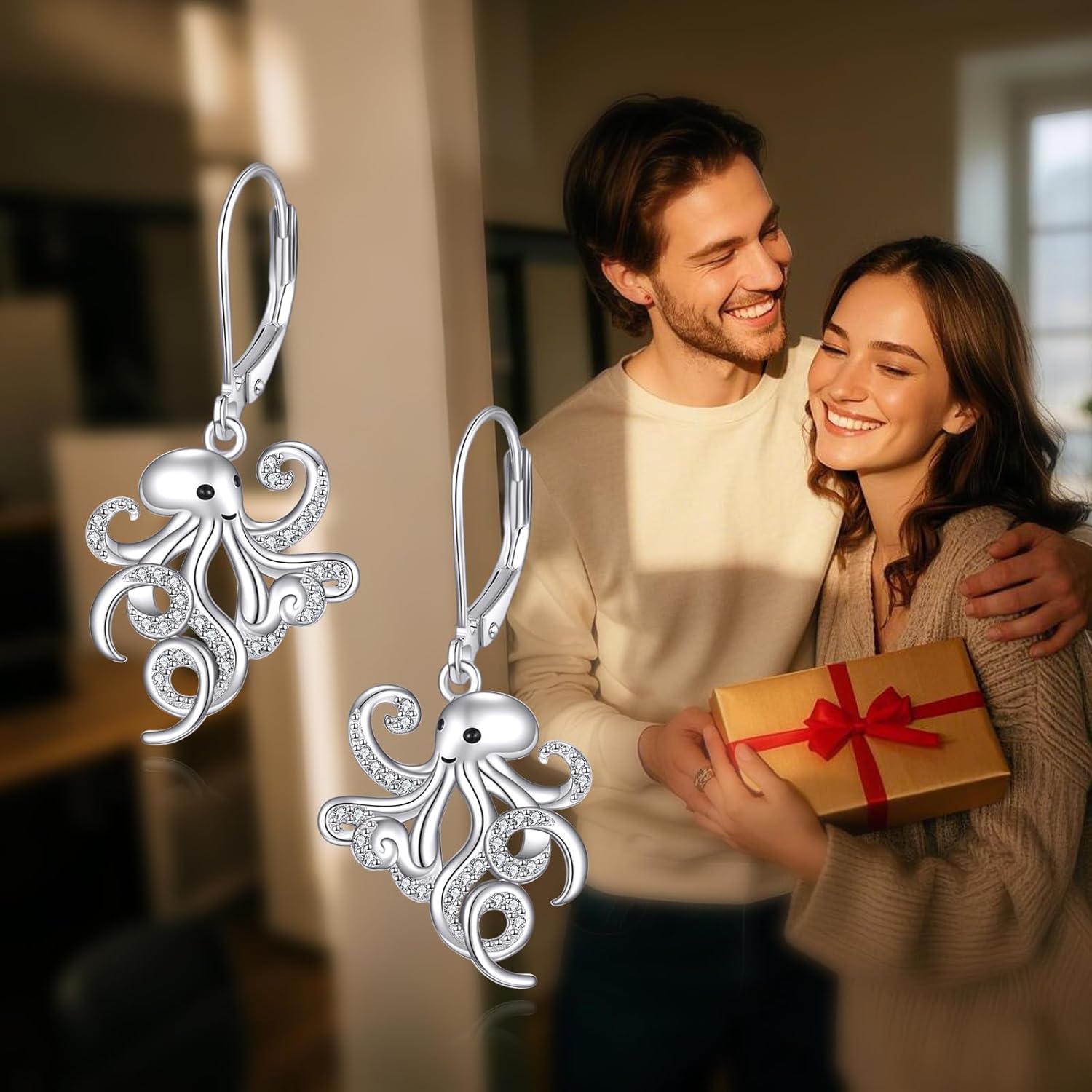 Octopus Earrings Sterling Silver Octopus Dangle Earrings Ocean Jewelry Gifts for Women Men