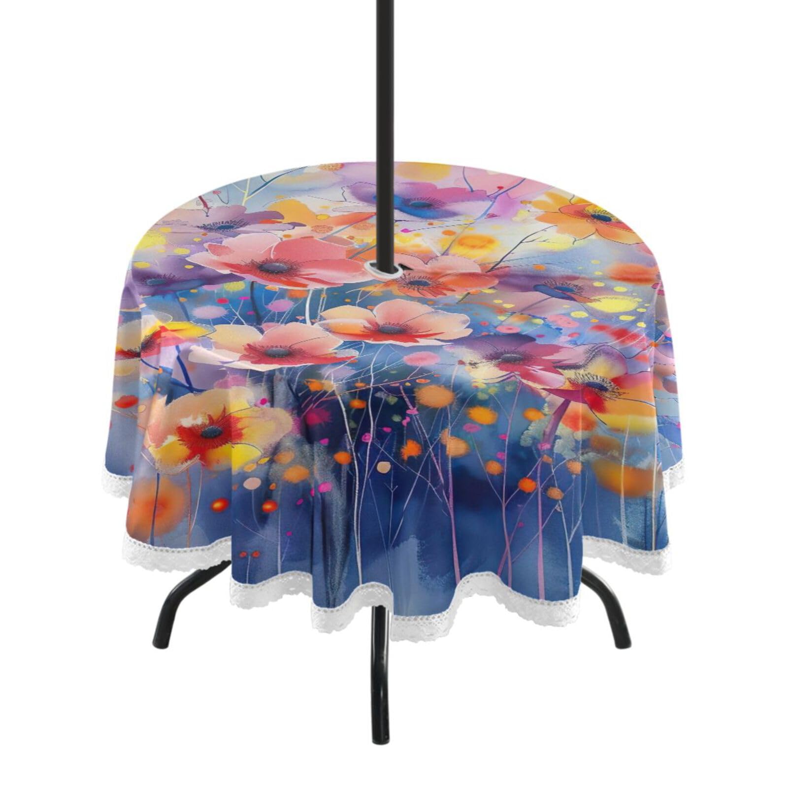 Wajiw 60 Inch Indoor Outdoor Round Tablecloth with Umbrella Hole and Zipper Waterproof Patio Table Cover for Camping Dining Room Party Outdoor Picnic,Wildflowers