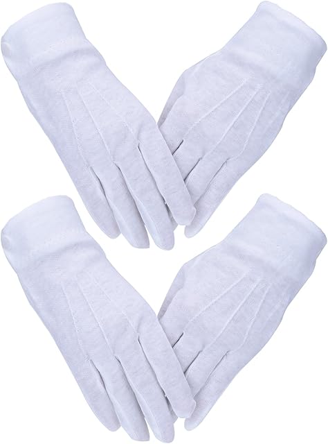 White Stitched Cotton Gloves Parade Gloves with Snap Closure, 2 Pairs
