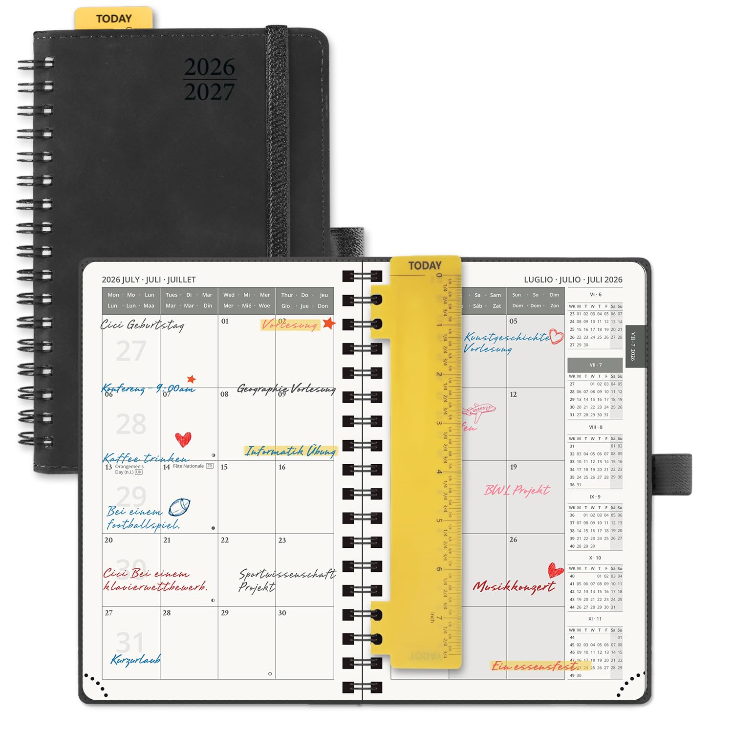 POPRUN Taschenkalender 2026 2027 Spiralbuch Monatsplaner ca.A6(15,6 x 10cm) | 18 Monate Monatskalender,(Jul.2026-Dez.2027),Softcover mit PU-Leder,1 Monat 2 Seiten,100 GSM Papier(Schwarz)