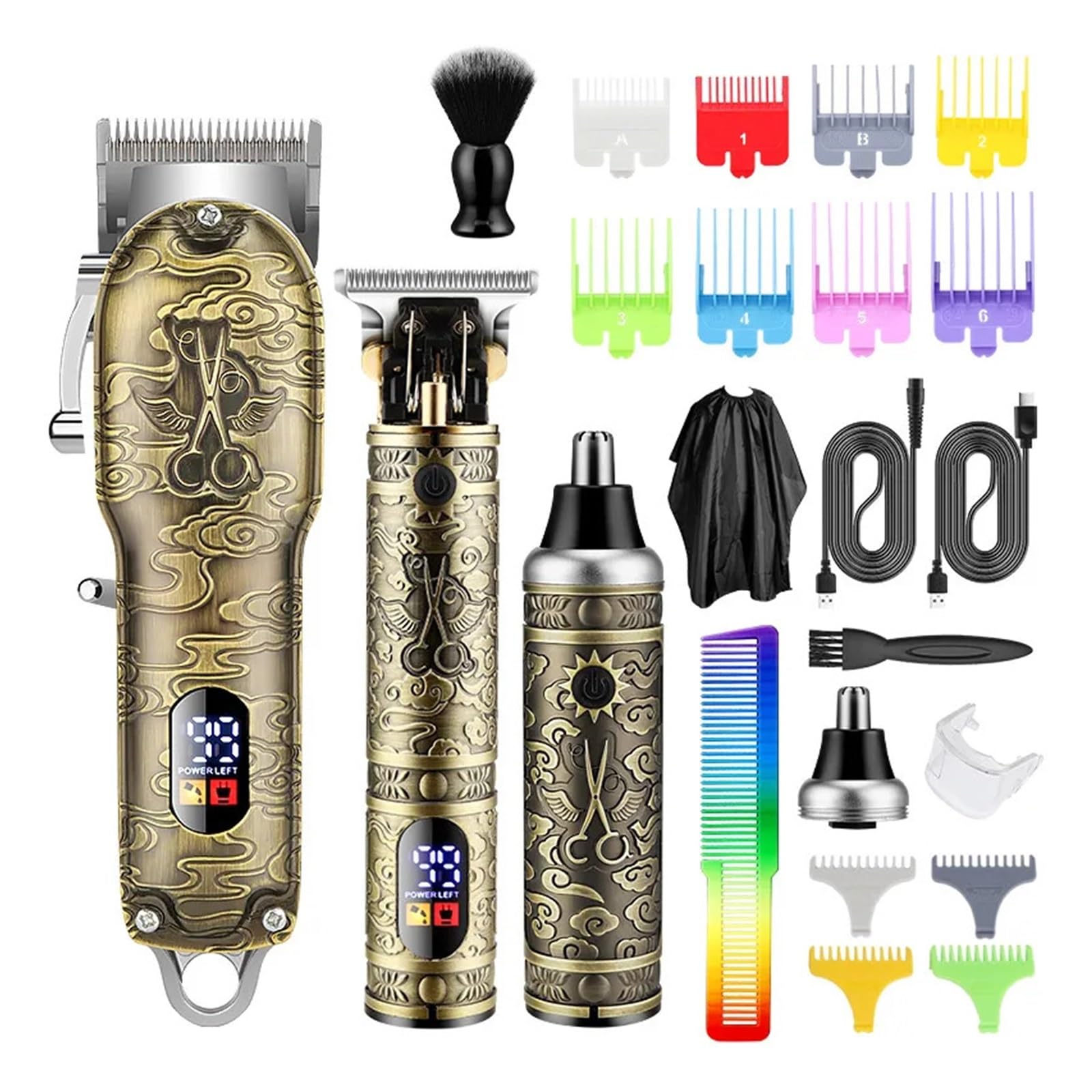 Set di rasoi da barbiere elettrico professionale con testa di olio, spintore per intaglio e cesoia, rasoio per naso e capelli, confezione regalo (bronzo)