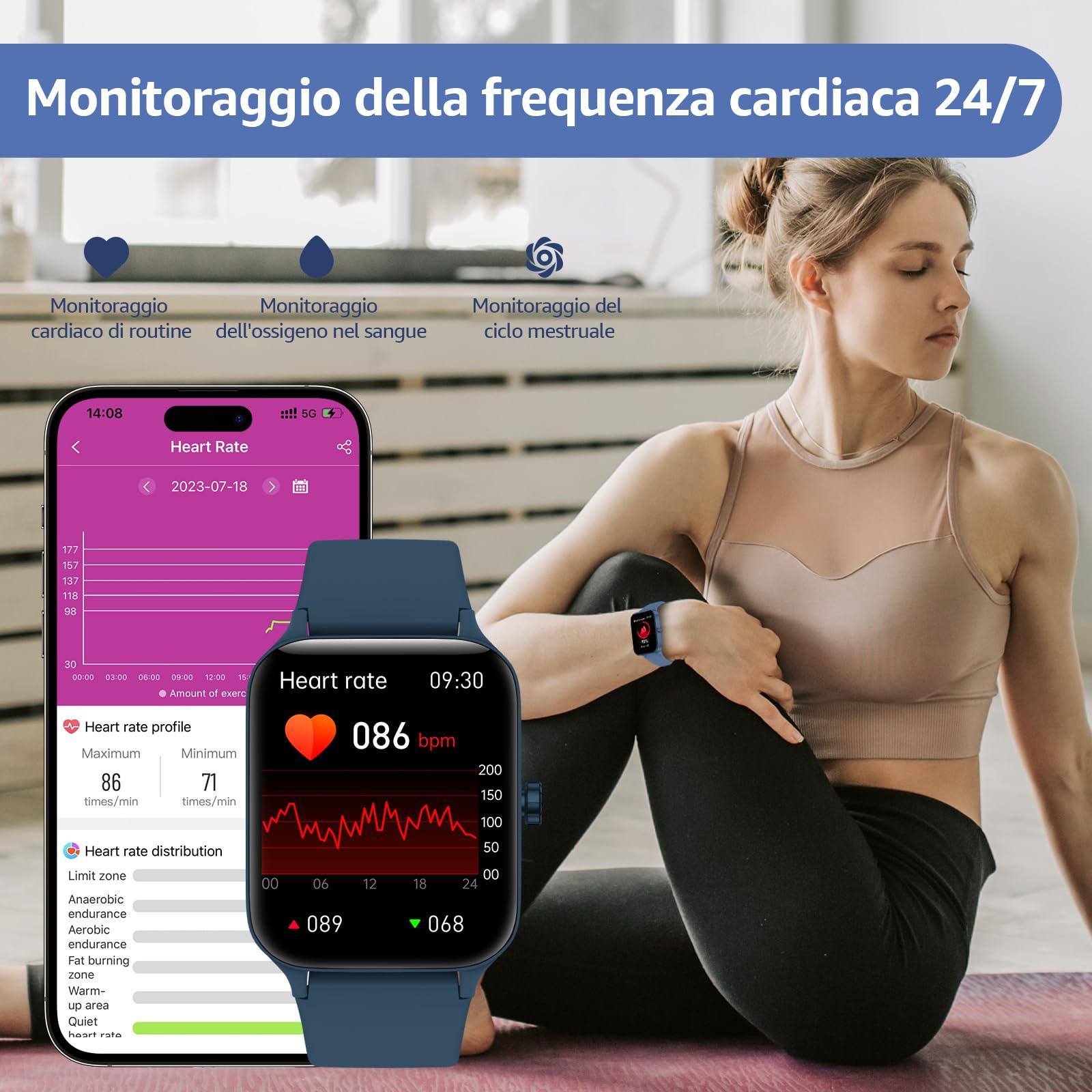KIUVKAS Smartwatch Uomo Donna, 1.95" Full Touch Screen Smartwatch con Effettua/Risposta Chiamate, Fitness Tracker con Pressione Sanguigna e Monitor Sonno, 140+ Sport Step Counter per Android iOS