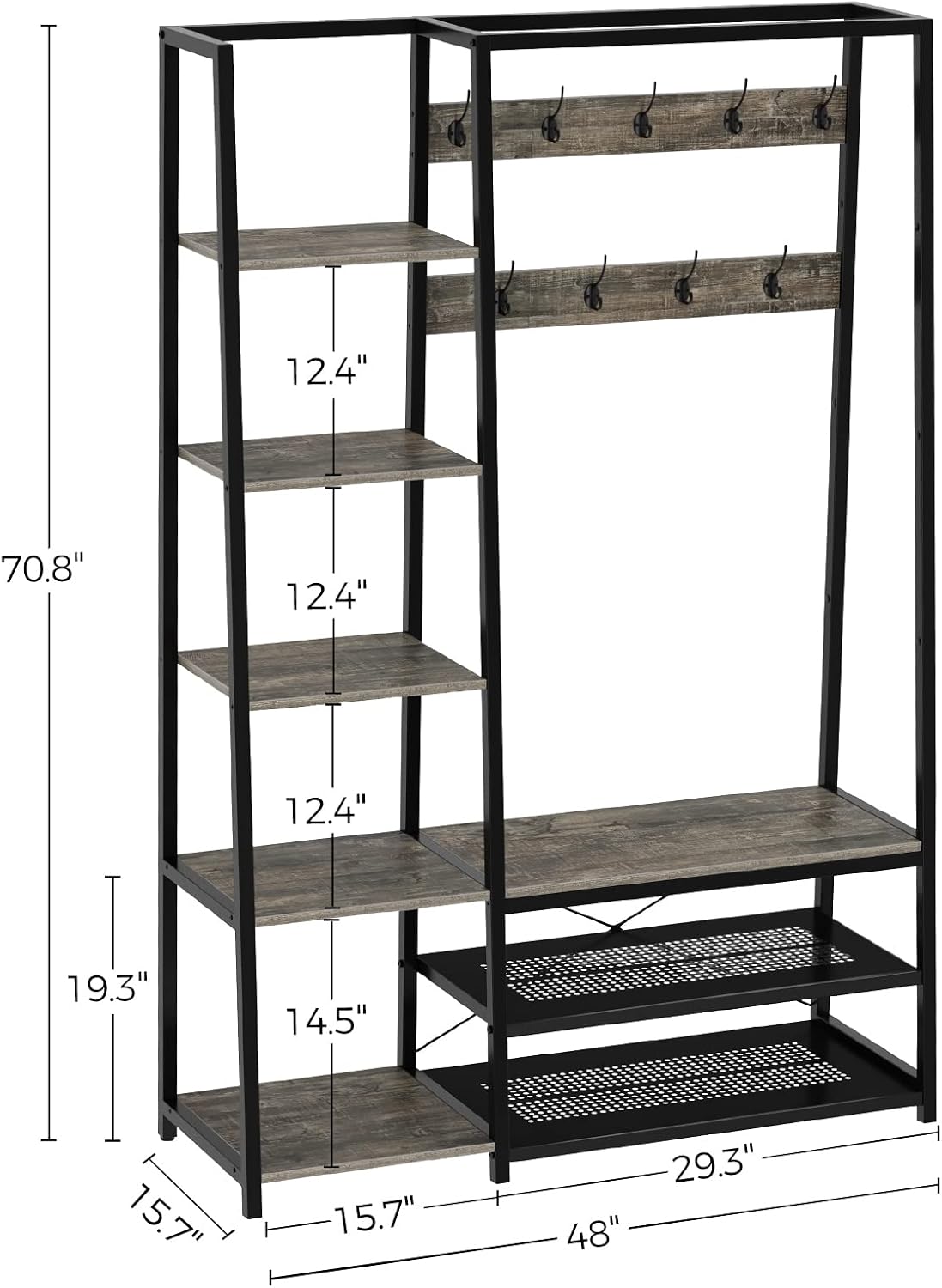 Rolanstar Hall Tree with Storage Bench, 5-in-1 Entryway Shelf with Coat Rack, 70.8" Coat Stand with 5 Side Shelves, 9 Hooks and Shoe Bench Grey