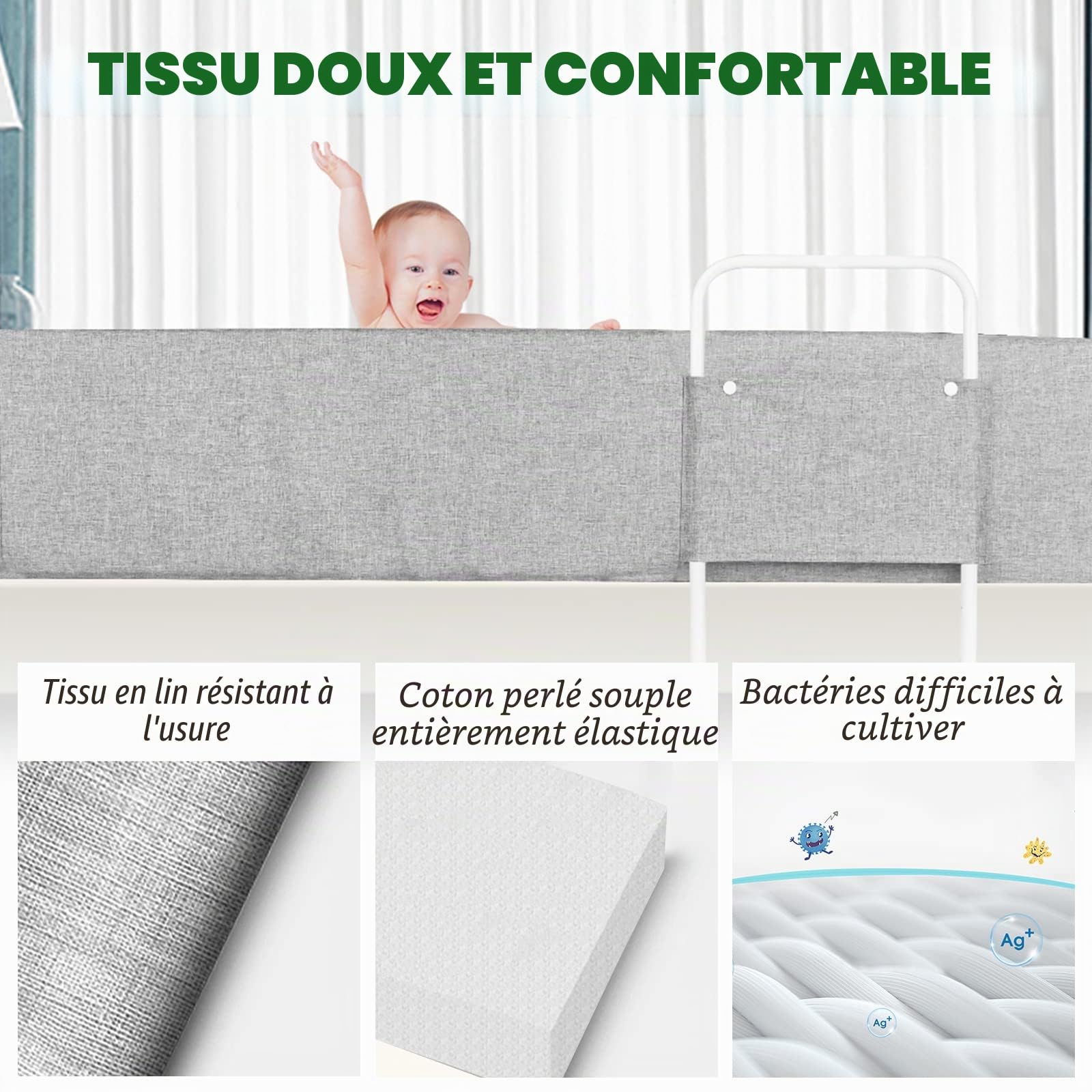Froadp Barriere de Securite Enfant Lit Protection Antichute Lit Réglable en Hauteur Protection du Bord Lit avec Fermeture Éclair et Bouton-Pression Barrières de Lit Portables (100cm, Gris Lin)