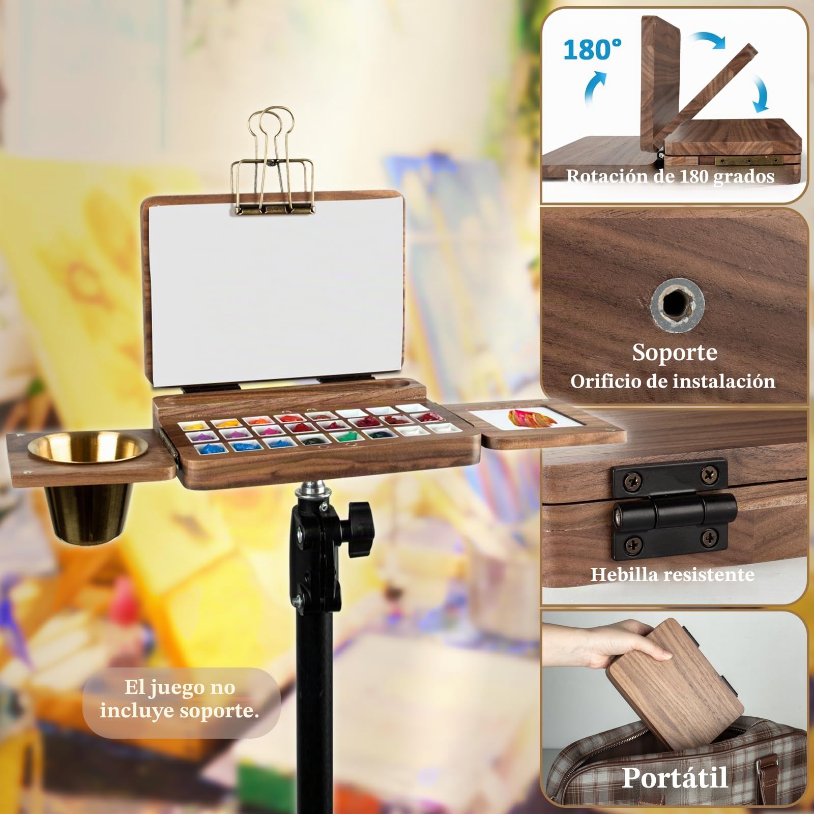 Paleta de Pintura de Madera para Acuarelas con Tapa Paleta de Pintura Acrílica con 24 Rejillas Caja de Paleta de Nogal Negro Paletas de Pintura para Viajes al Aire Libre Paletas de Pintura