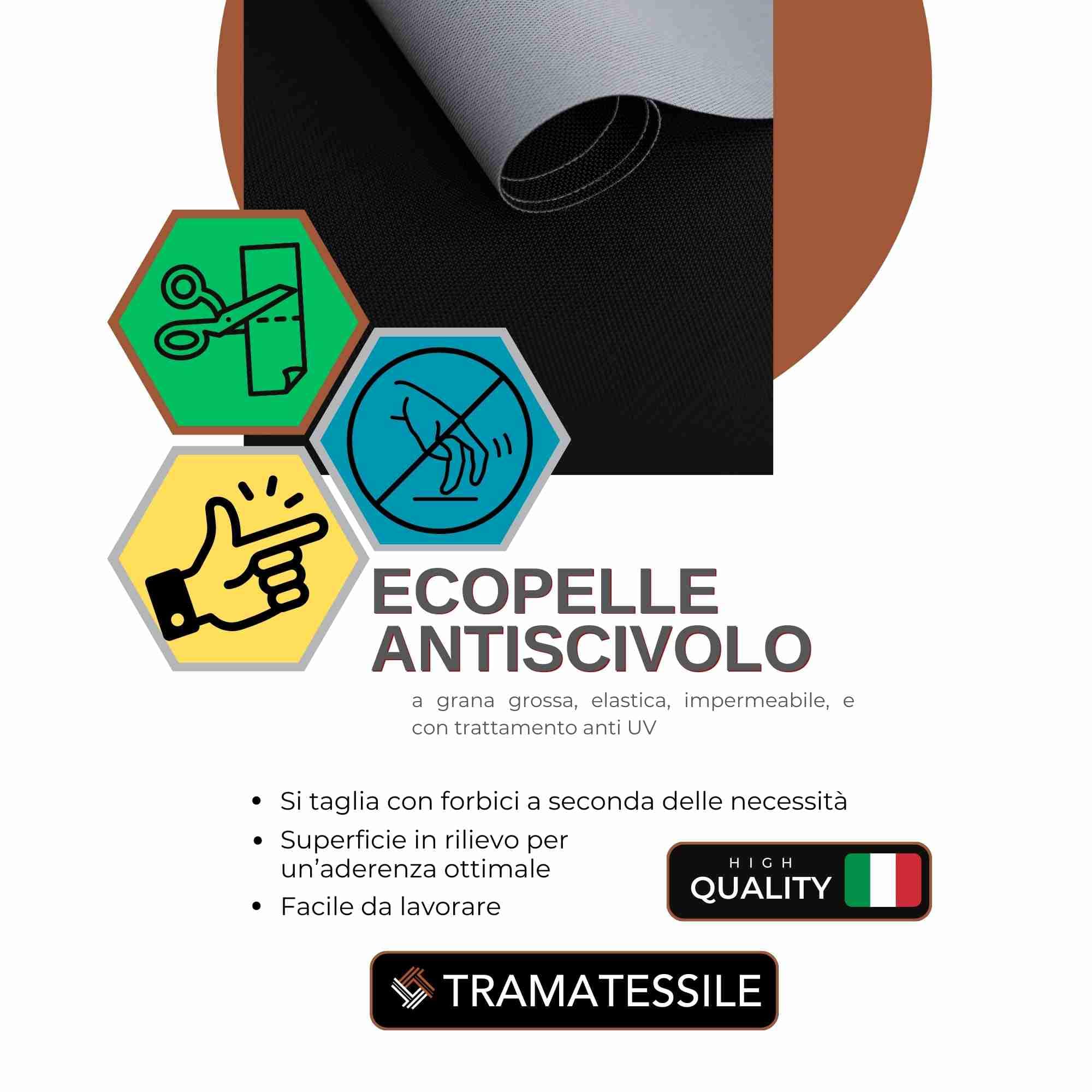 TRAMATESSILE - Tessuto Ecopelle al Metro - Antiscivolo e Bielasticizzata a Grana Grossa - Tessuti e stoffe a Metro per Automotive - Finta Pelle Morbida x Auto Moto - (Nero)