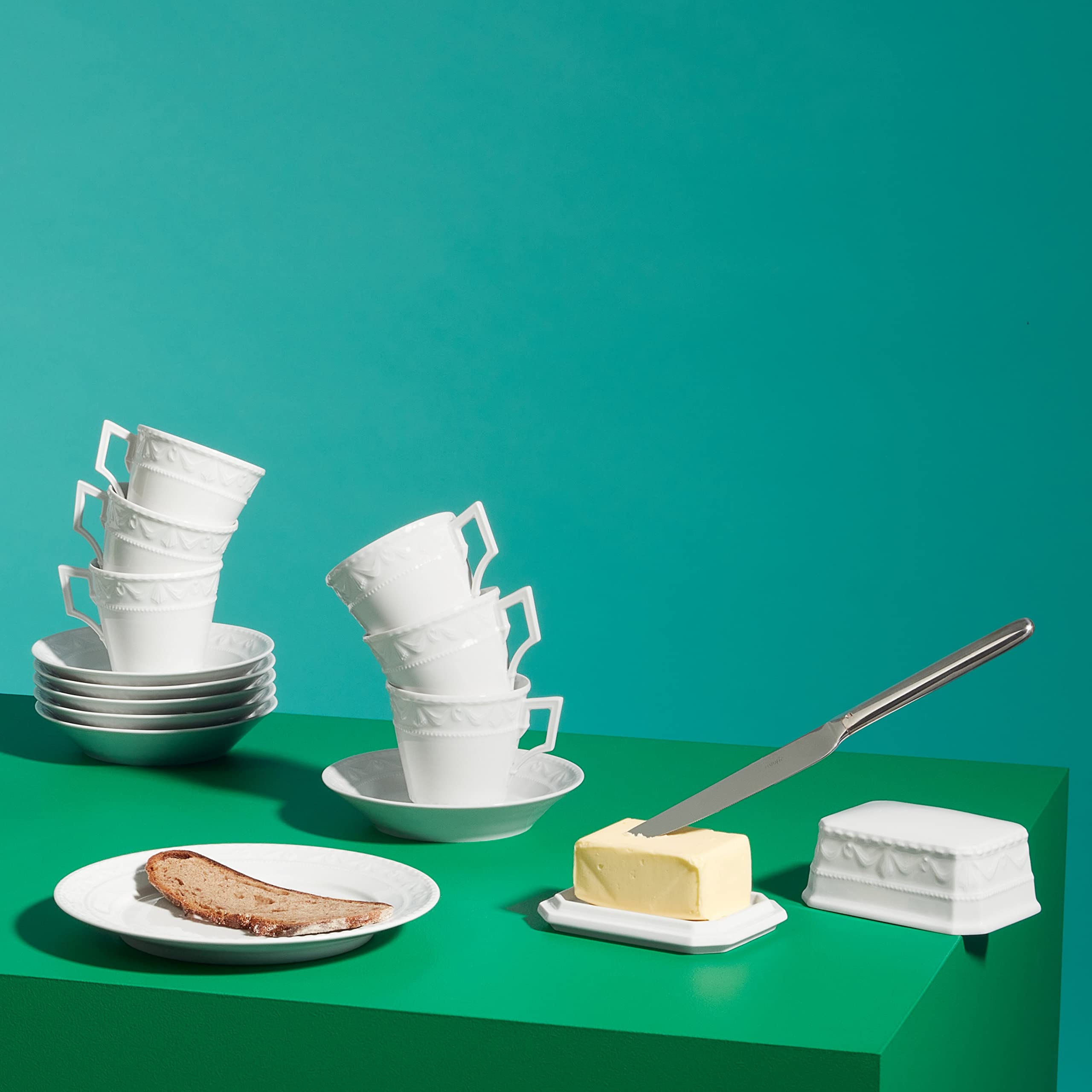 KPM Berlin KURLAND filiżanka do kawy, filiżanka + spodek z porcelany, filiżanka klasycyzmu ze spodkiem, 0,15 l, ręcznie robiona, biała