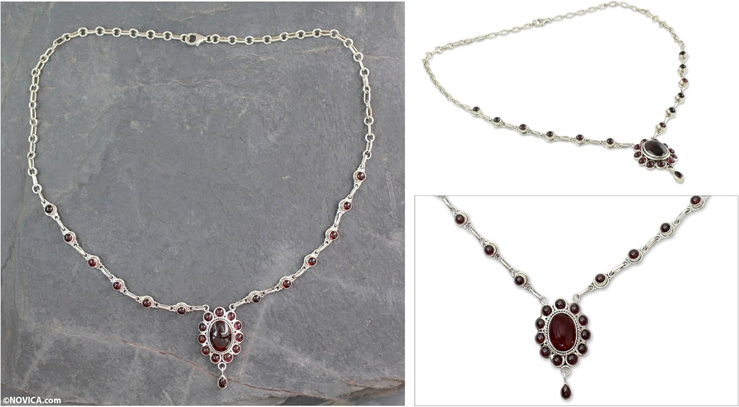 NOVICA Artisan Handmade Garnet Pendant Necklace | Sterling Silver | 23 Garnets | Red India Birthstone | 'Romantic Wine' | 18.5" L x 0.2" W | Pendant 1.5" L x 0.8" W