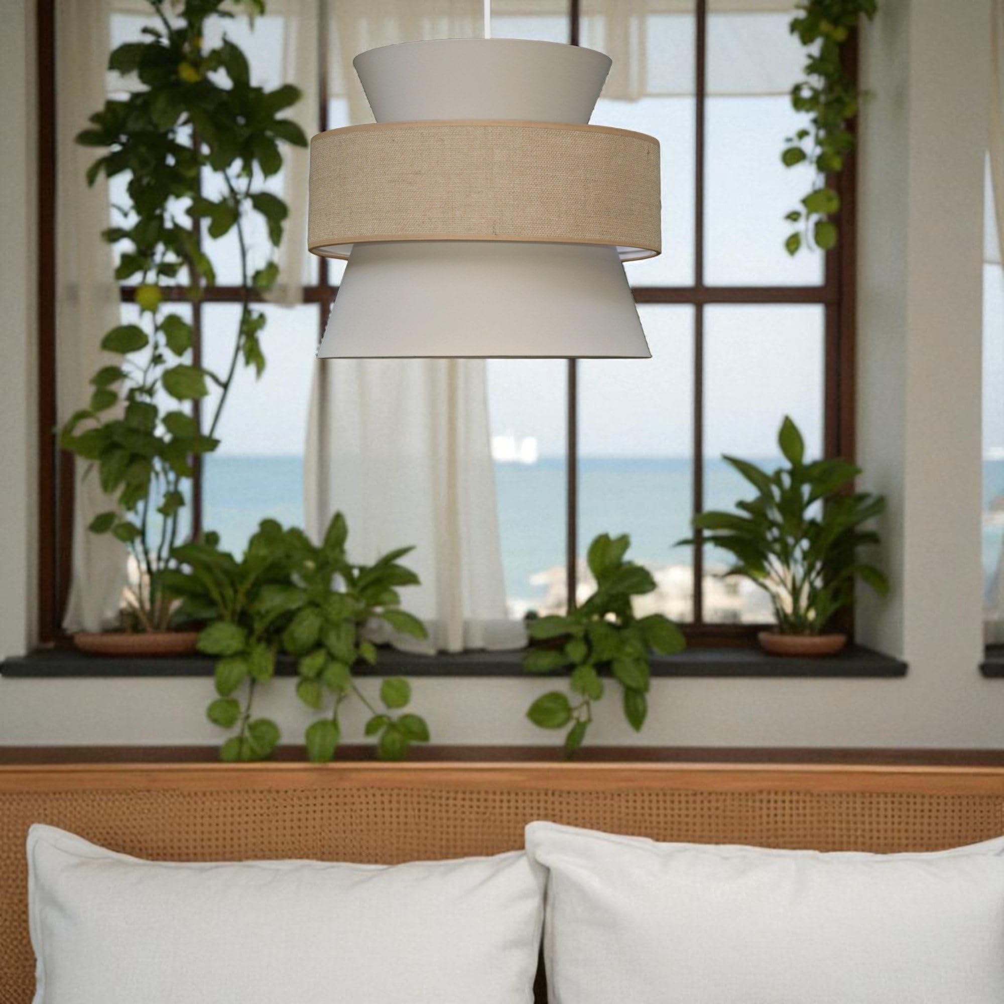 Lampada a sospensione BOHO 2xE27, diametro 38 cm, grande paralume in cotone e juta, per camera dei bambini, soggiorno, camera da letto, cucina, ingresso e ufficio, made in EU