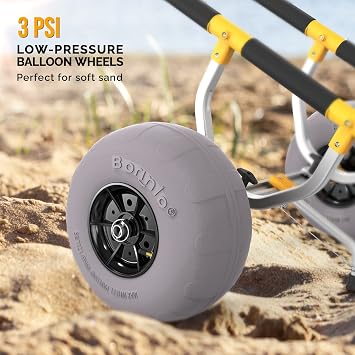 Bonnlo Kayak Beach Cart, Width Adjustable 6.3-18.7 Universal Canoe Dolly Heavy Duty Kayak Trolley with 12 Balloon Beach Wheels, Kickstand, and Free Pump, Sturdy 330 Lb Weight Capacity