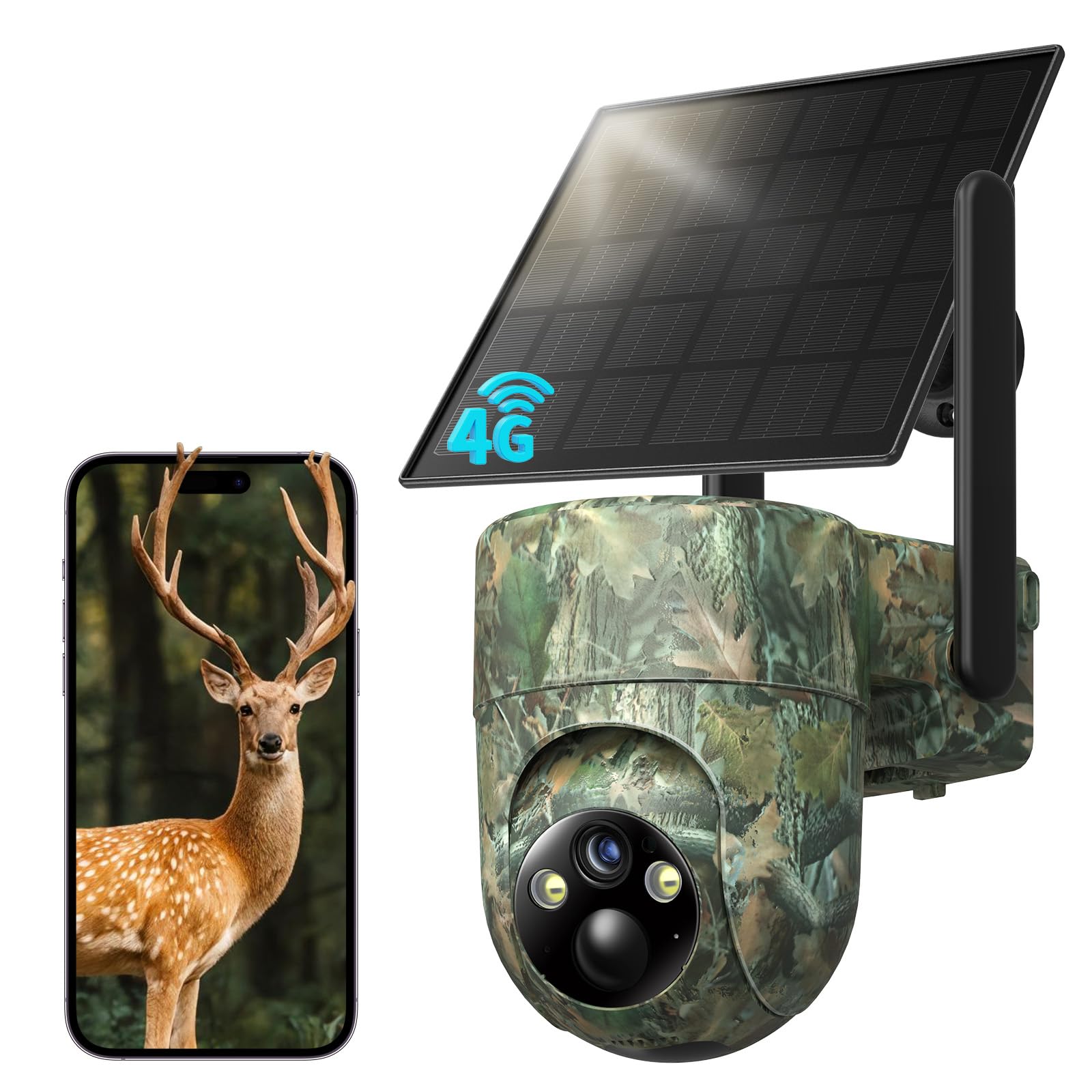 SEHMUA 4G Cámara Vigilancia Exterior con SIM, Camara Fototrampeo 4G Solar sin WiFi, 2K Camara Caza con Tarjeta Sim, Detección Humana PIR, Visión Nocturna, IP66, PTZ 355°/90°, Audio de Dos Vías
