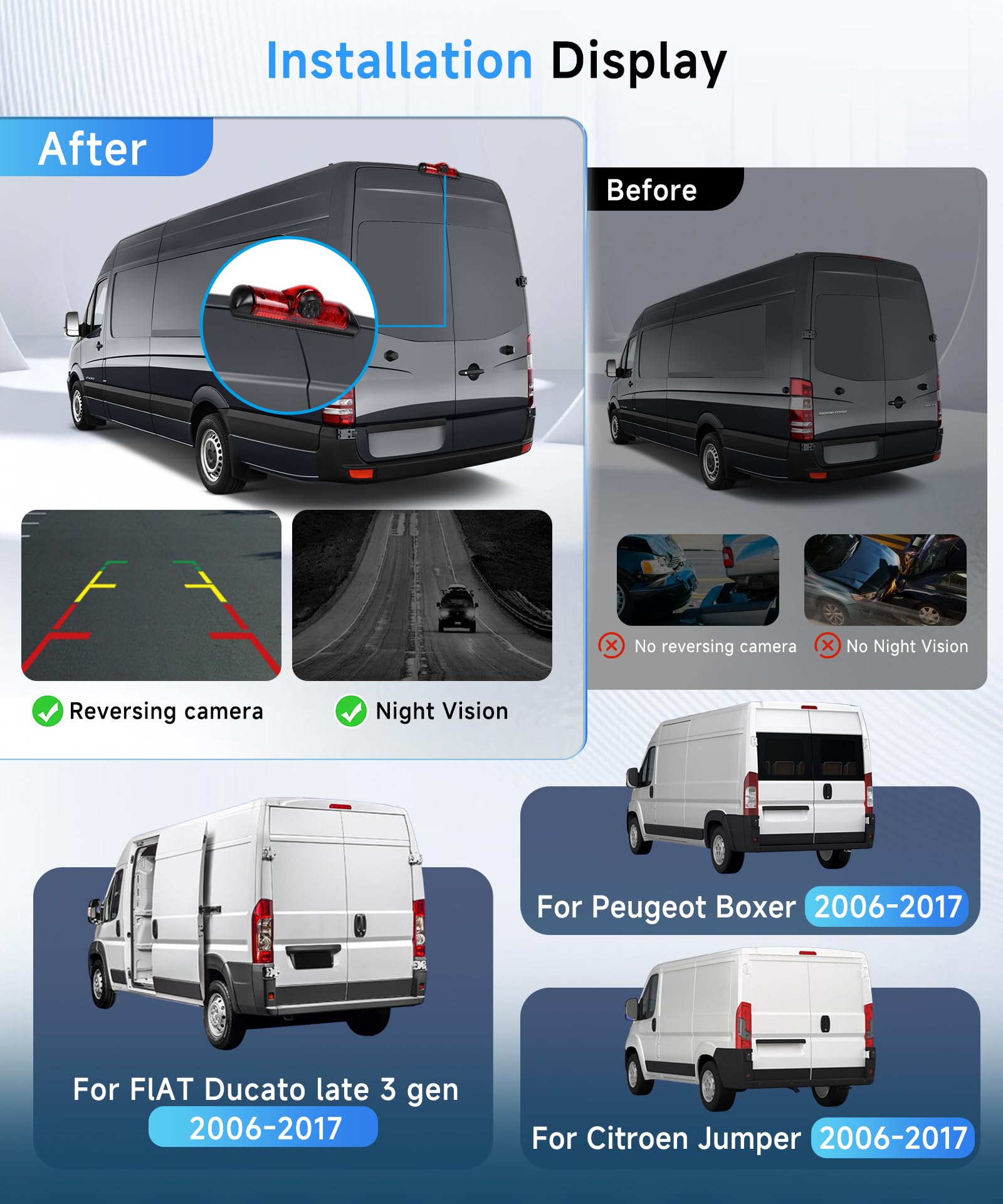 Hodozzy Caméra de Recul pour Fiat Ducato 3/Peugeot Boxer/Citroen Jumper 2006-2017,Caméra de Troisième Feu Stop de Voiture,Vision Nocturne IR, Etanche IP67,Angle Réglable,avec Ligne Inversée