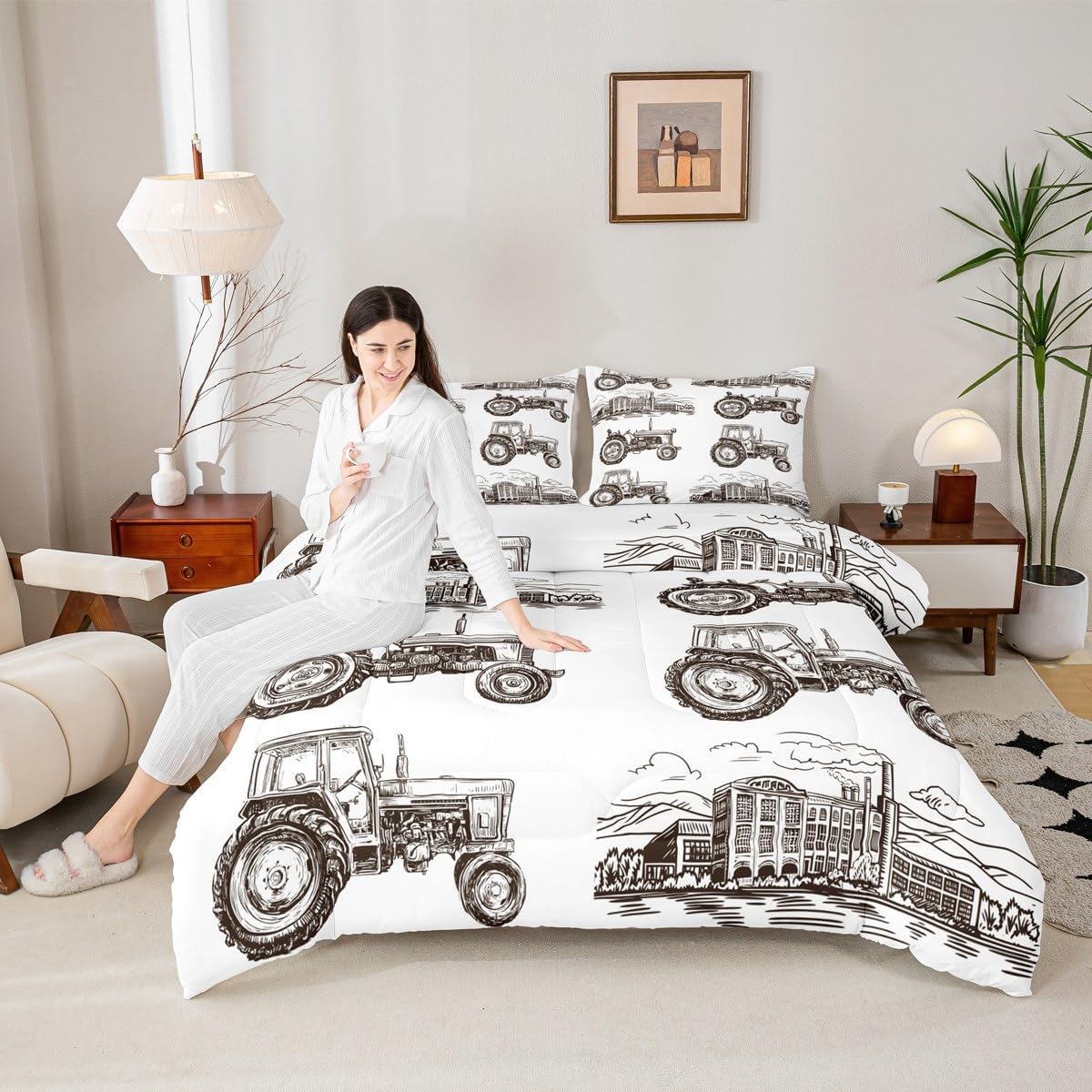 Manfei Truck Kids Comforter Set Full Size, Retro Train Tractor Bedding Set for Boys Girls Adult Bedroom Decor, Vintage Steam Locomotive Down Comforter, Soft Polyester Quilt Set, 2 Pillowcases