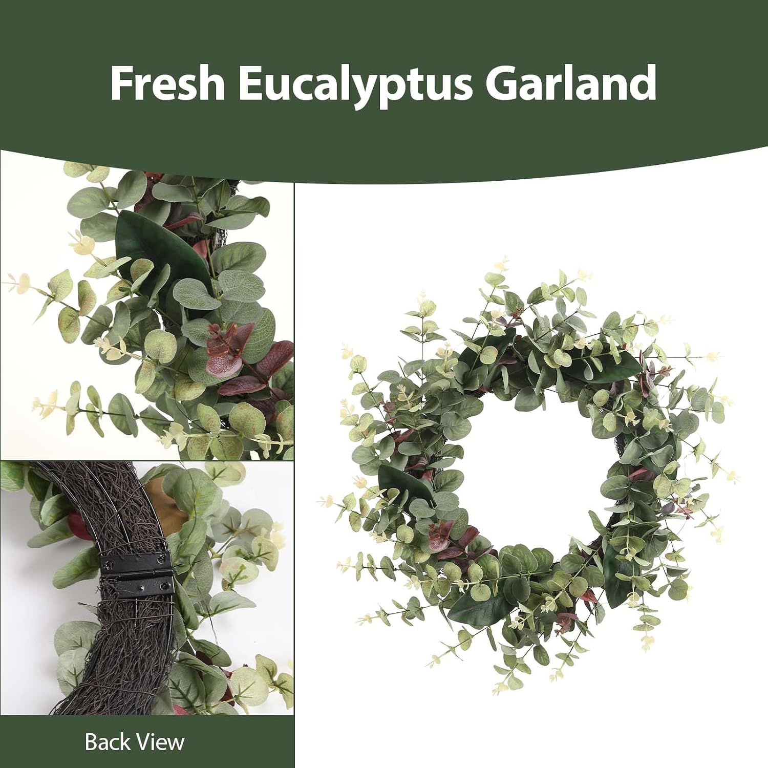 26 Inch Eucalyptus Wreaths for Front Door Spring Summer Fall Wreath with Eucalyptus Leaves,Magnolia Leaves, Green Decor for Porch, Window, Farmhouse, Home, with LED Lights