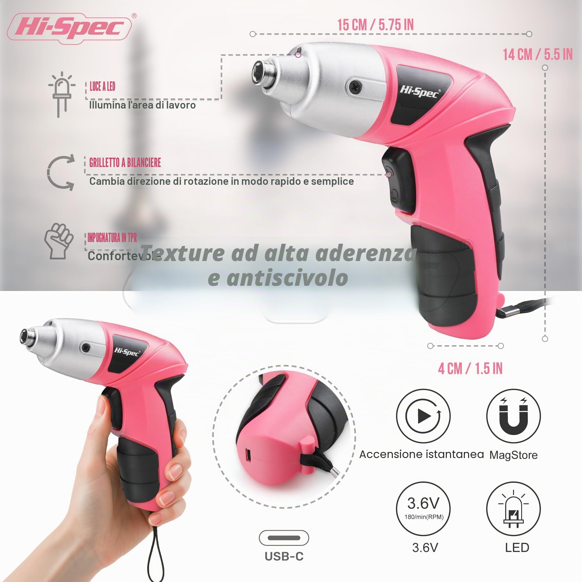 Hi-Spec Avvitatore a Batteria, Avvitatore Elettrico 3,6V USB Senza Fili Ricaricabile con Set Inserti per Casa e Fai da Te, Leggero e Facile da Usare, 27 Pezzi, Rosa